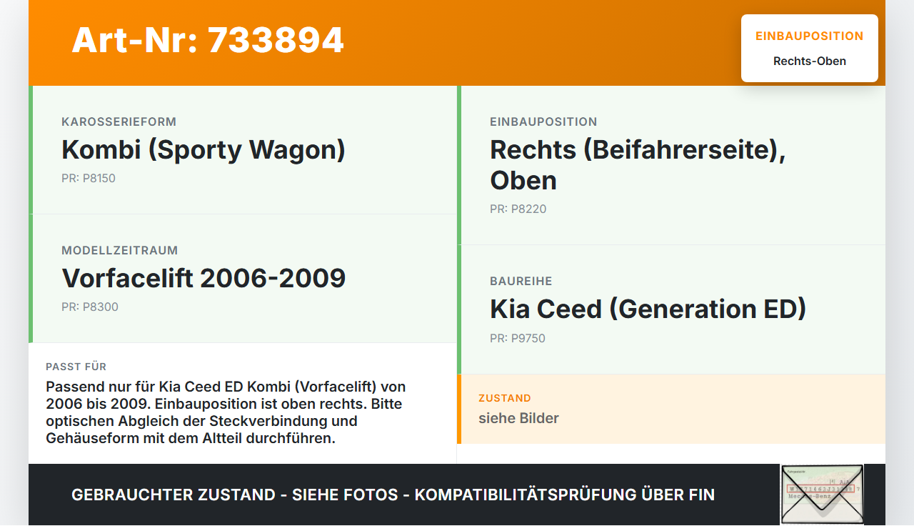 KIA Ceed ED 06-09 Kombi Rückleuchte Rücklicht Heckleuchte Rechts orig Oben KIA Ceed ED 06-09 19.11.2008 gebraucht Vorschau 3