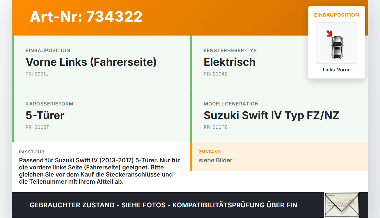Suzuki Swift IV FZ 13-17 5T Fensterhebermotor mit Fensterheber Links Vorne Suzuki Swift IV FZ 13-17 09.12.2015 gebraucht Vorschau 3