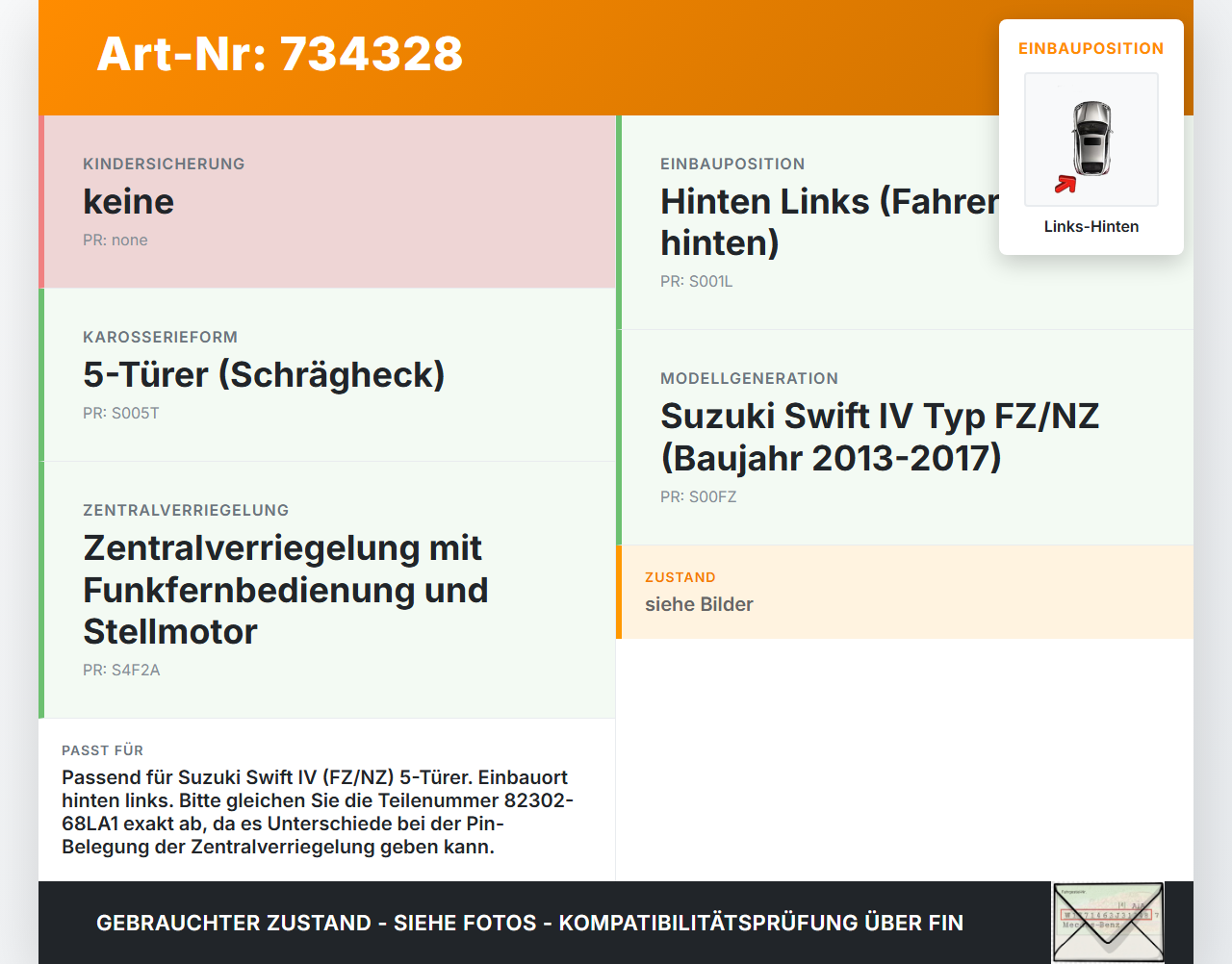 Suzuki Swift IV FZ 13-17 5T Türschloss m. ZV Stellmotor Links Hinten Suzuki Swift IV FZ 13-17 09.12.2015... Vorschau 3