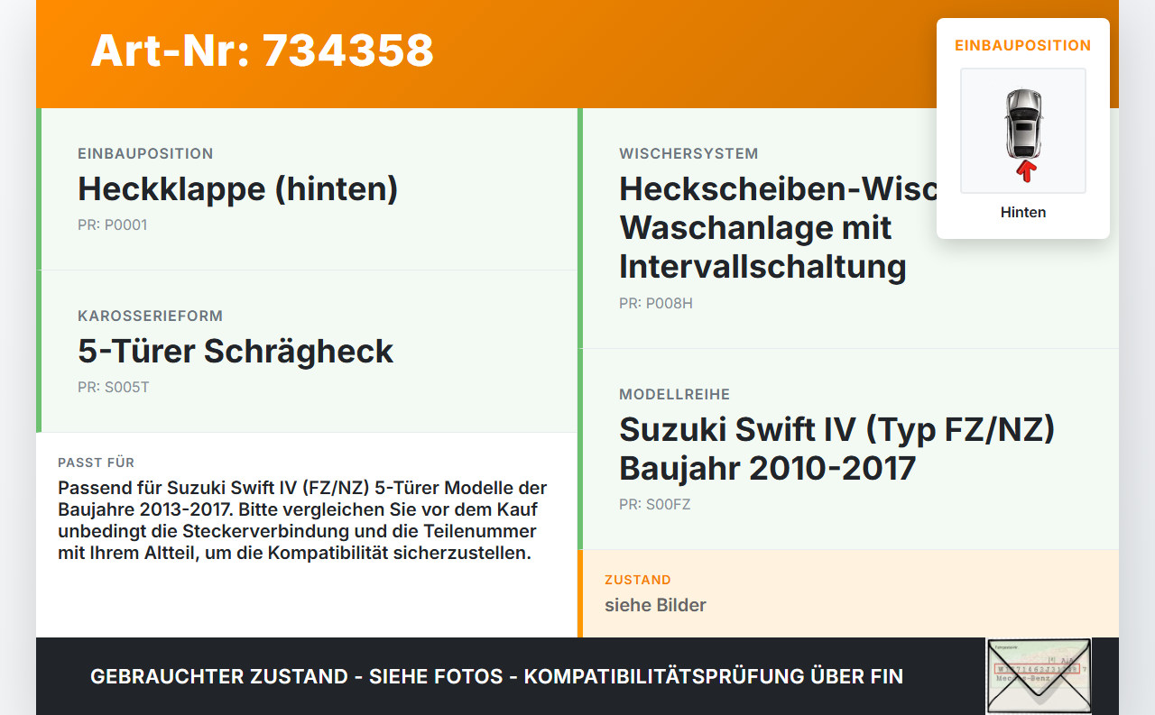 Suzuki Swift IV FZ 13-17 5T Wischermotor Hinten Heckwischermotor Suzuki Swift IV FZ 13-17 09.12.2015 gebraucht Vorschau 3