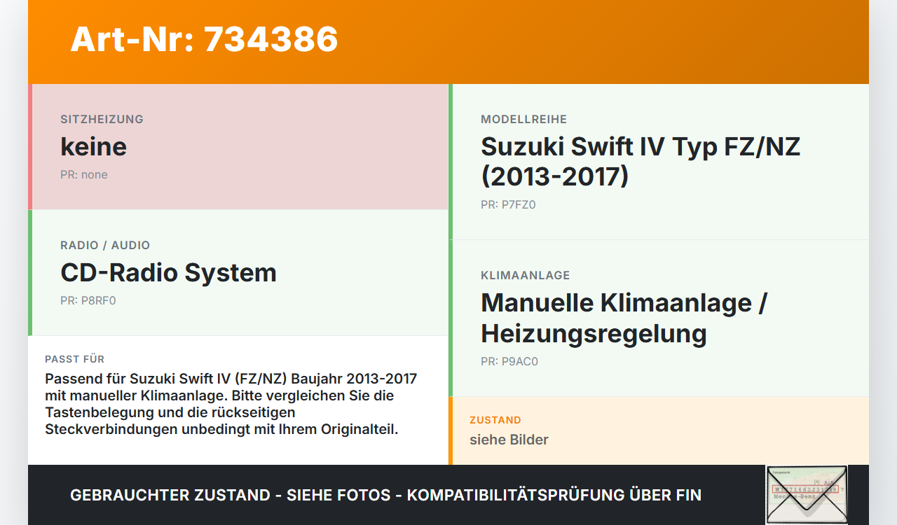 Suzuki Swift IV FZ 13-17 Bedienteil Bedienelement Heizung Klimabedienteil Suzuki Swift IV FZ 13-17 09.12.2015 gebraucht Vorschau 3
