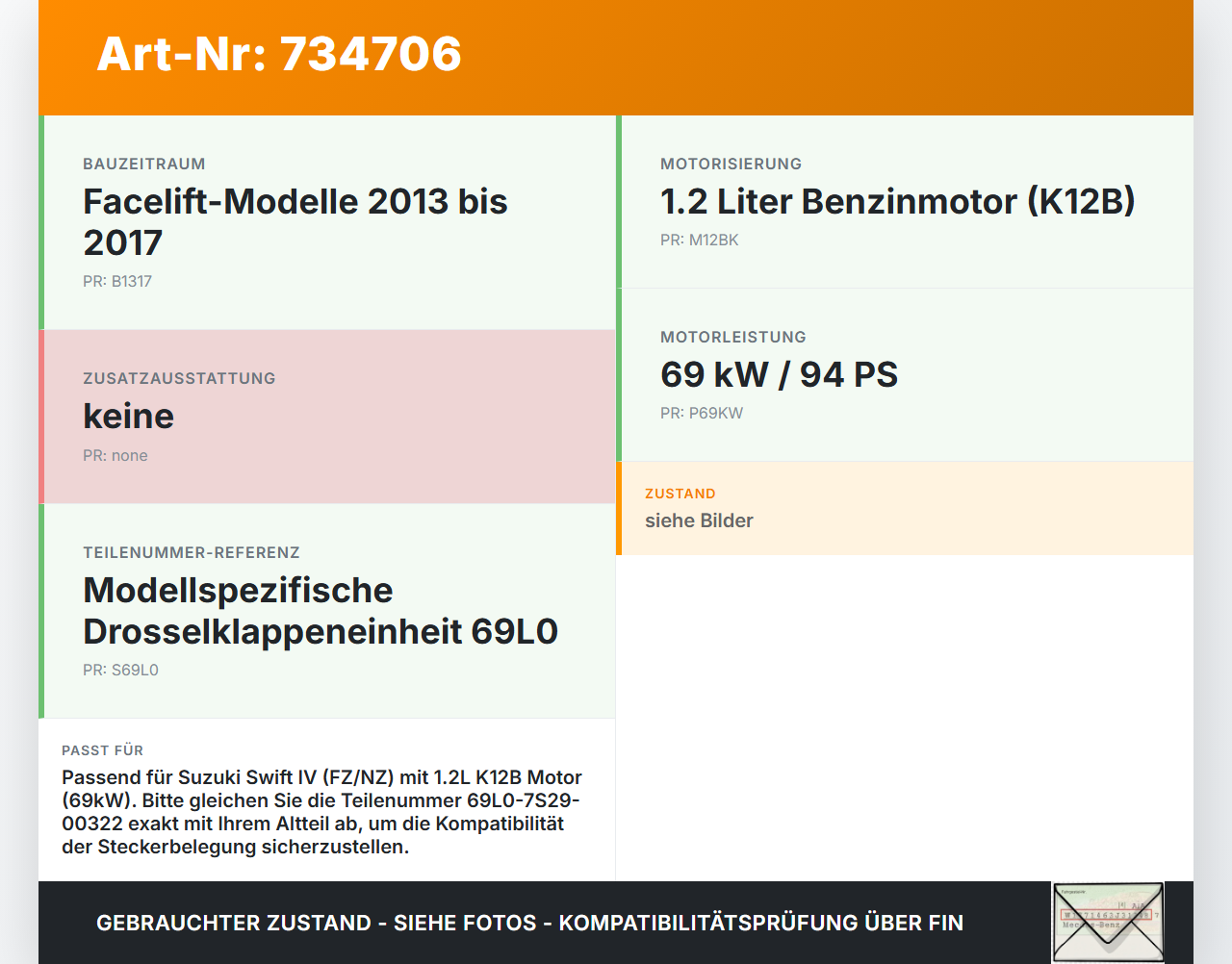 Suzuki Swift IV FZ 13-17 1,2 69KW K12B Drosselklappe Suzuki Swift IV FZ 13-17 09.12.2015 69L0-7S29-00322 gebraucht Vorschau 3