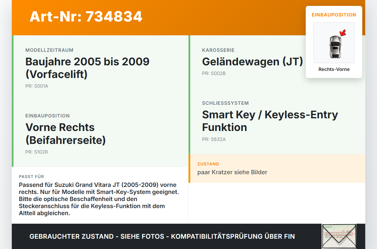 Suzuki Grand Vitara JT 05-09 Türgriff Griff aussen Rechts Vorne Smart Key C09 Suzuki Grand Vitara JT 05-09... Vorschau 3