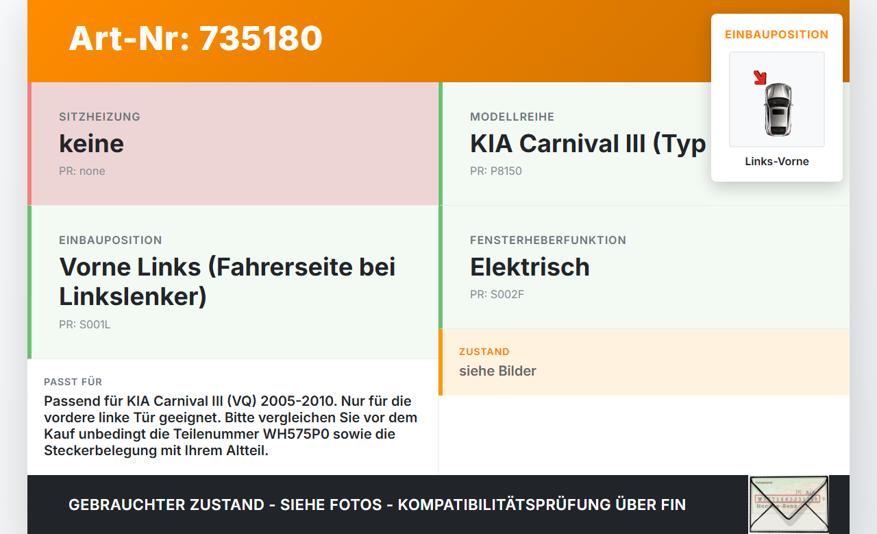 KIA Carnival 3 III VQ 05-10 Fensterhebermotor Links Vorne KIA Carnival 3 III VQ 05-10 30.12.2009 82450-4D010... Vorschau 3