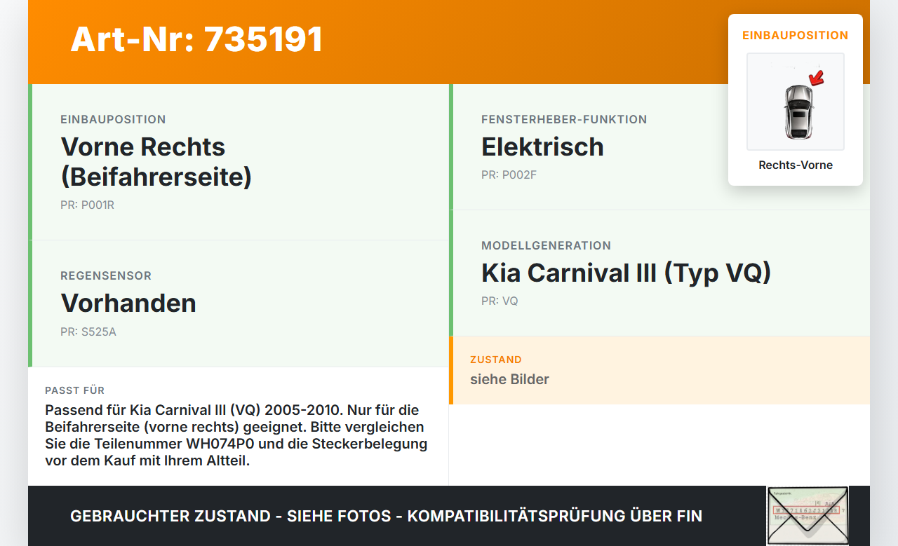 KIA Carnival 3 III VQ 05-10 Fensterhebermotor Rechts Vorne KIA Carnival 3 III VQ 05-10 30.12.2009 82460-4D000... Vorschau 3