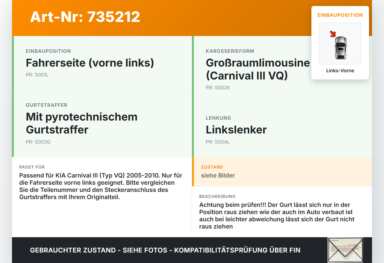 KIA Carnival 3 III VQ 05-10 Gurt Sicherheitsgurt m. Gurtstraffer für Fahrer Links Vorne KIA Carnival 3 III VQ 05-10... Vorschau 3