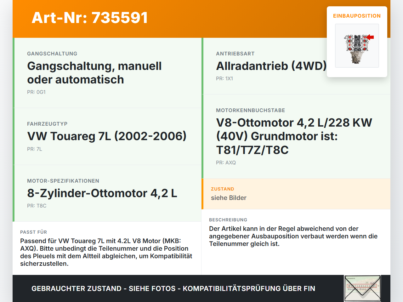 VW Touareg 7L 02-06 V8 4,2 228KW AXQ Kolben mit Pleuel Pos H VW Touareg 7L 02-06 01.07.2004 gebraucht Vorschau 3