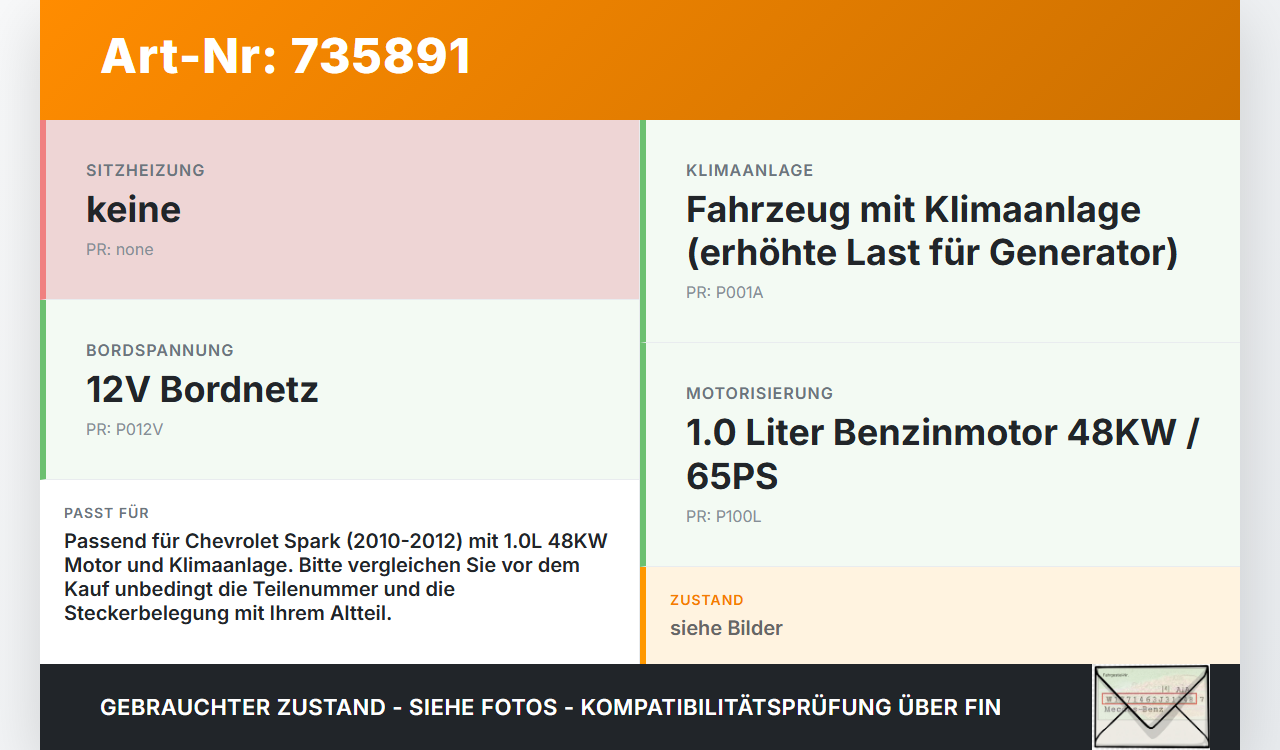 Chevrolet Spark 10-12 1,0 48KW Lichtmaschine Generator Chevrolet Spark 10-12 01.02.2011 gebraucht Vorschau 3