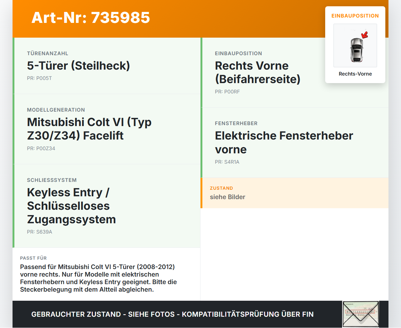 Mitsubishi Colt VI Z34 08-12 5T Kabelbaum für Tür und Fensterheber Rechts Vorne Mitsubishi Colt VI Z34 08-12... Vorschau 3
