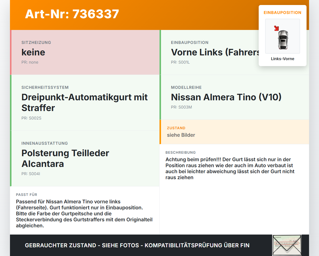 Nissan Almera Tino 03-06 Gurt Sicherheitsgurt m. Gurtstraffer für Fahrer Links Vorne Nissan Almera Tino 03-06... Vorschau 3