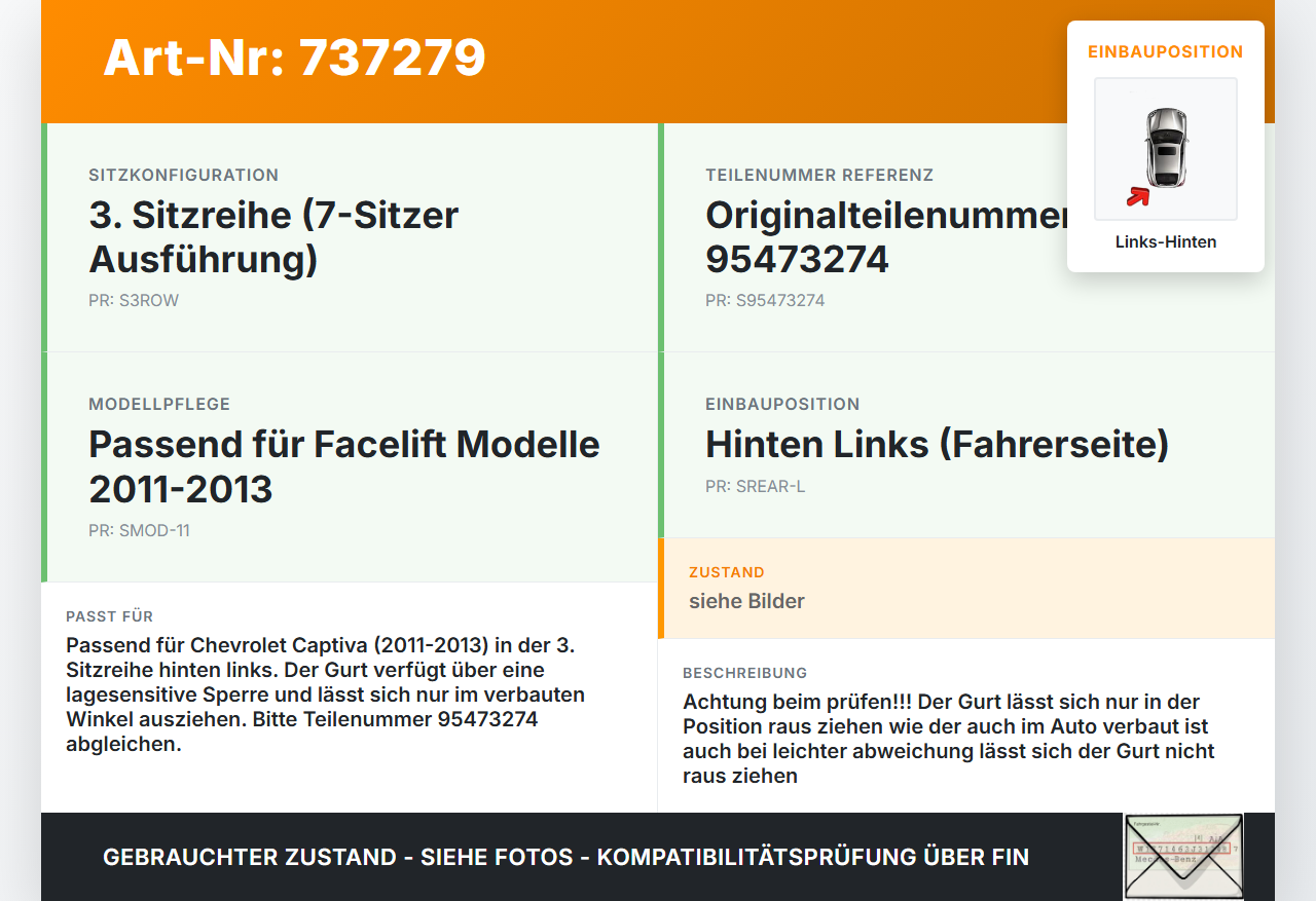 Chevrolet Captiva 11-13 Gurt Sicherheitsgurt Links Hinten letzte Reihe Chevrolet Captiva 11-13 02.03.2011 95473274... Vorschau 3