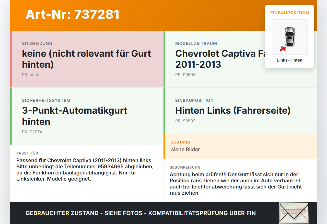 Chevrolet Captiva 11-13 Gurt Sicherheitsgurt Links Hinten Chevrolet Captiva 11-13 02.03.2011 95934665 A1B285AA4... Vorschau 3