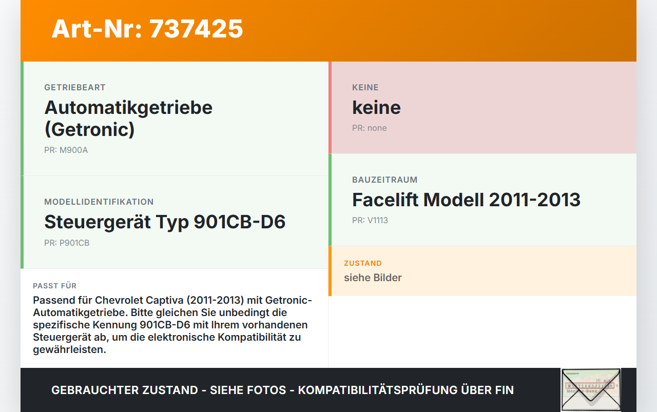 Chevrolet Captiva 11-13 Steuergerät ECU Modul Getronic Chevrolet Captiva 11-13 02.03.2011 901CB-D6 gebraucht Vorschau 3