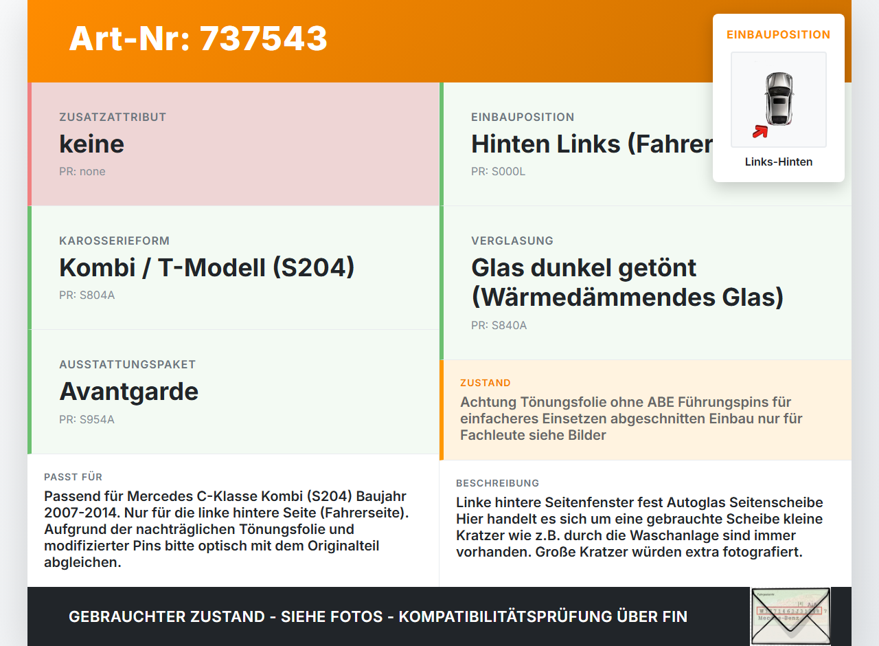 Mercedes W204 S204 C220 07-14 Kombi Feste Seitenscheibe Scheibe Links Hinten Mercedes W204 S204 C220 07-14... Vorschau 3