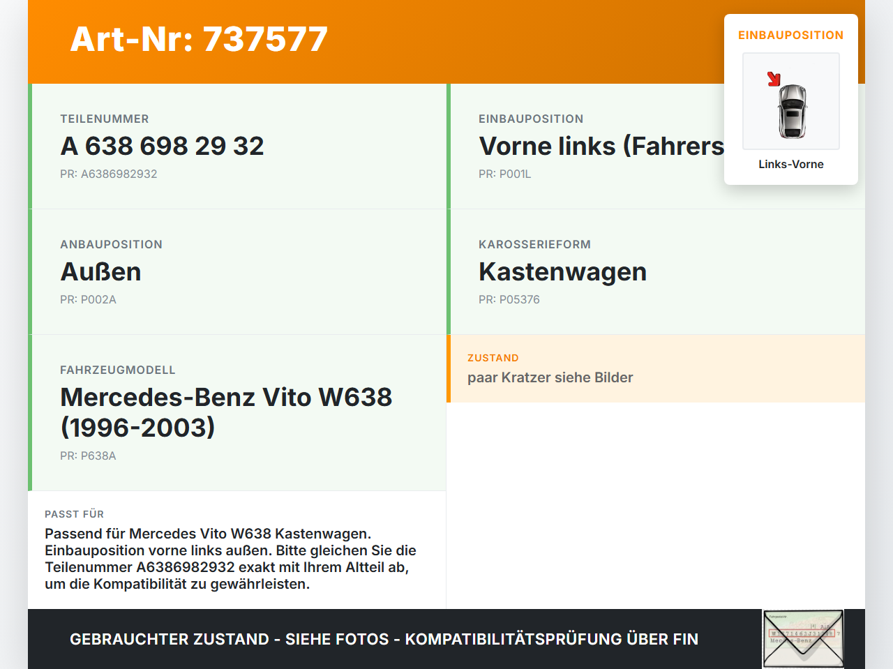 Mercedes Vito W638 110 96-03 Kasten Türleiste Links Vorne Aussen 5376 Mercedes Vito W638 110 96-03 29,12.1995... Vorschau 3