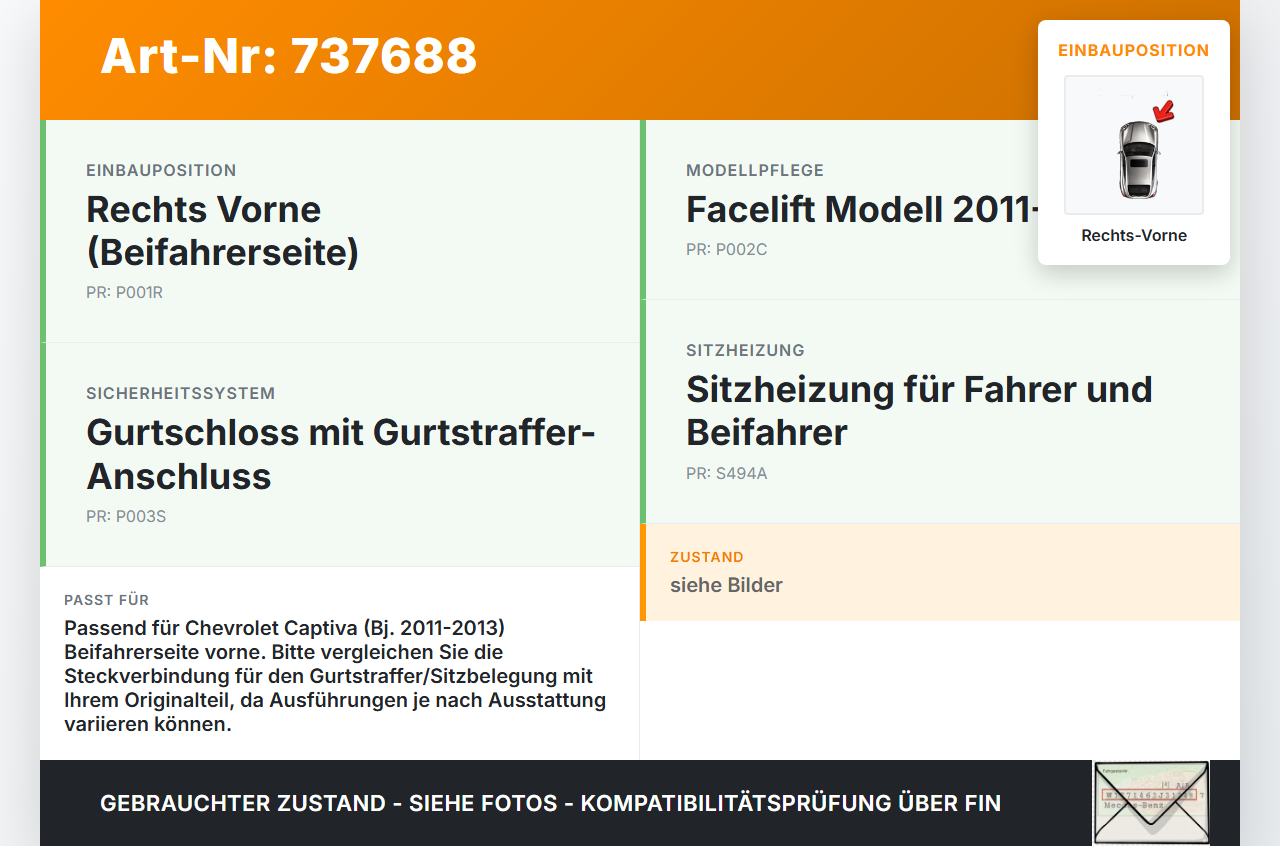Chevrolet Captiva 11-13 Gurtschloss Rechts Vorne Chevrolet Captiva 11-13 02.03.2011 gebraucht Vorschau 3