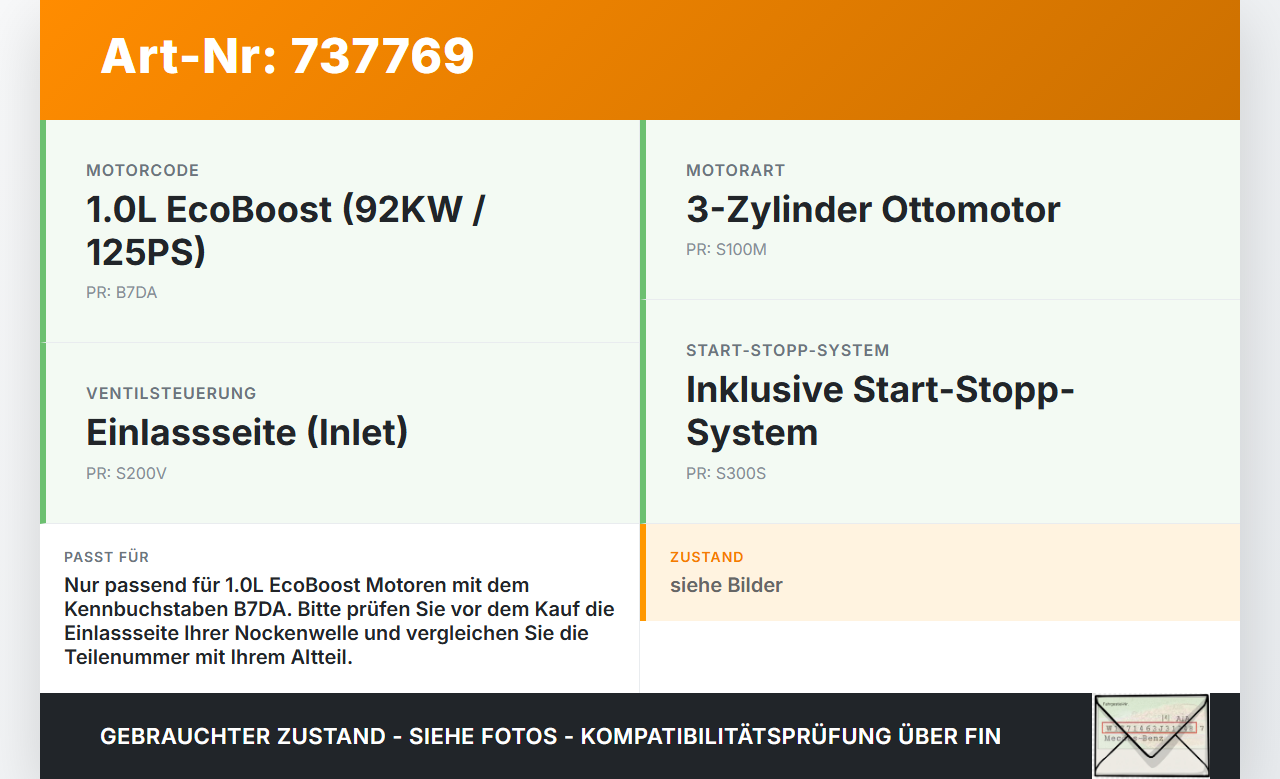 Ford Grand C-Max II 15-19 EcoB 1,0 92KW B7DA Nockenwelle Einlass Ford Grand C-Max II 15-19 17.10.2018 - gebraucht Vorschau 3