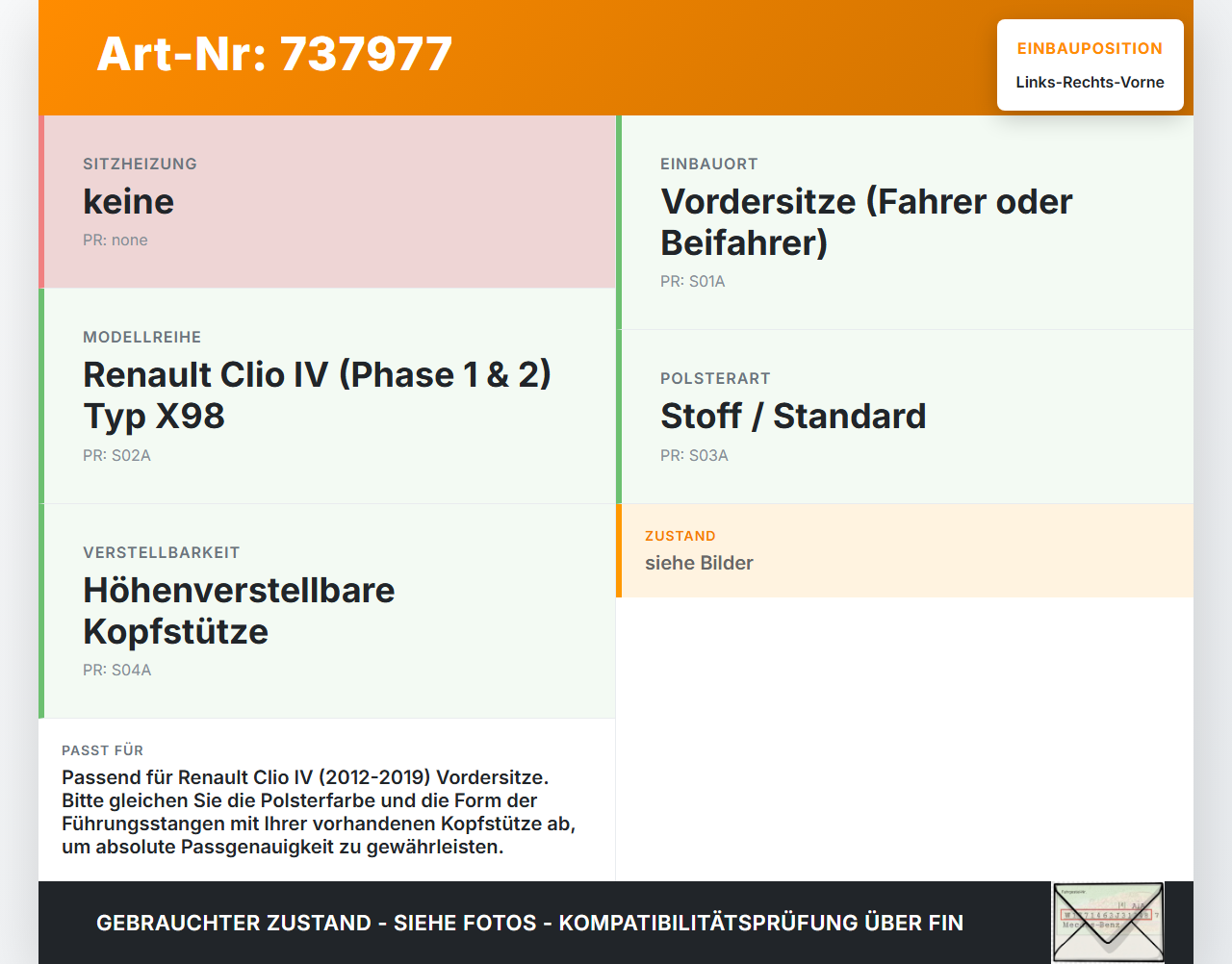 Renault Clio IV X98 16-19 Kopfstütze für Fahrer Sitz Rechts oder Links Vorne Renault Clio IV X98 16-19 26.08.2014... Vorschau 3