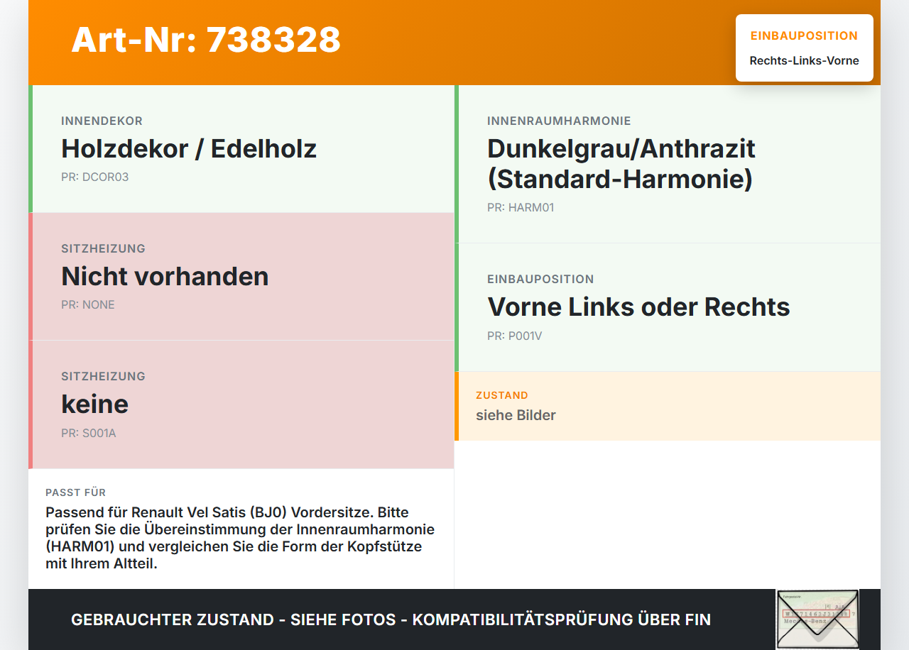 Renault Vel Satis BJ0 05-09 Kopfstütze für Beifahrer Sitz Rechts oder Links Vorne Renault Vel Satis BJ0 05-09... Vorschau 3