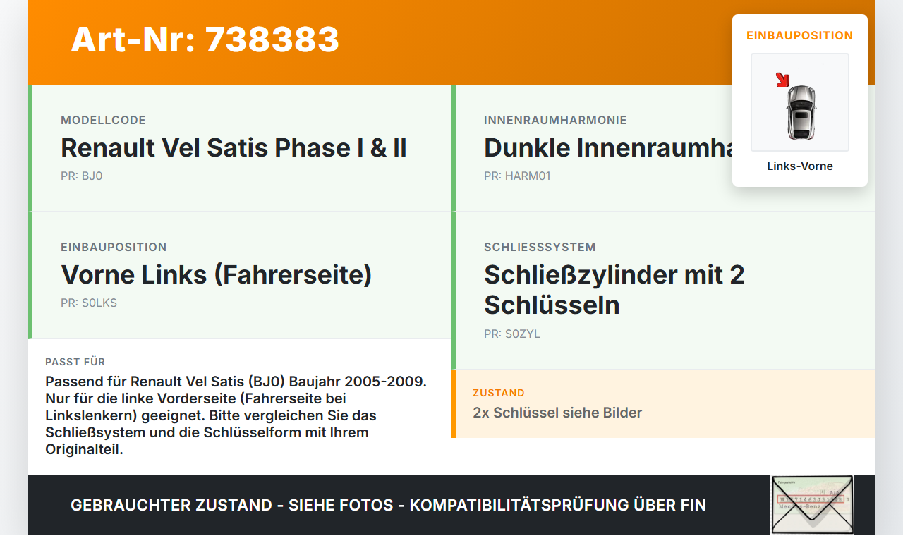 Renault Vel Satis BJ0 05-09 Türschloss Schließzylinder für Tür Links Vorne Renault Vel Satis BJ0 05-09 11.03.2008... Vorschau 3