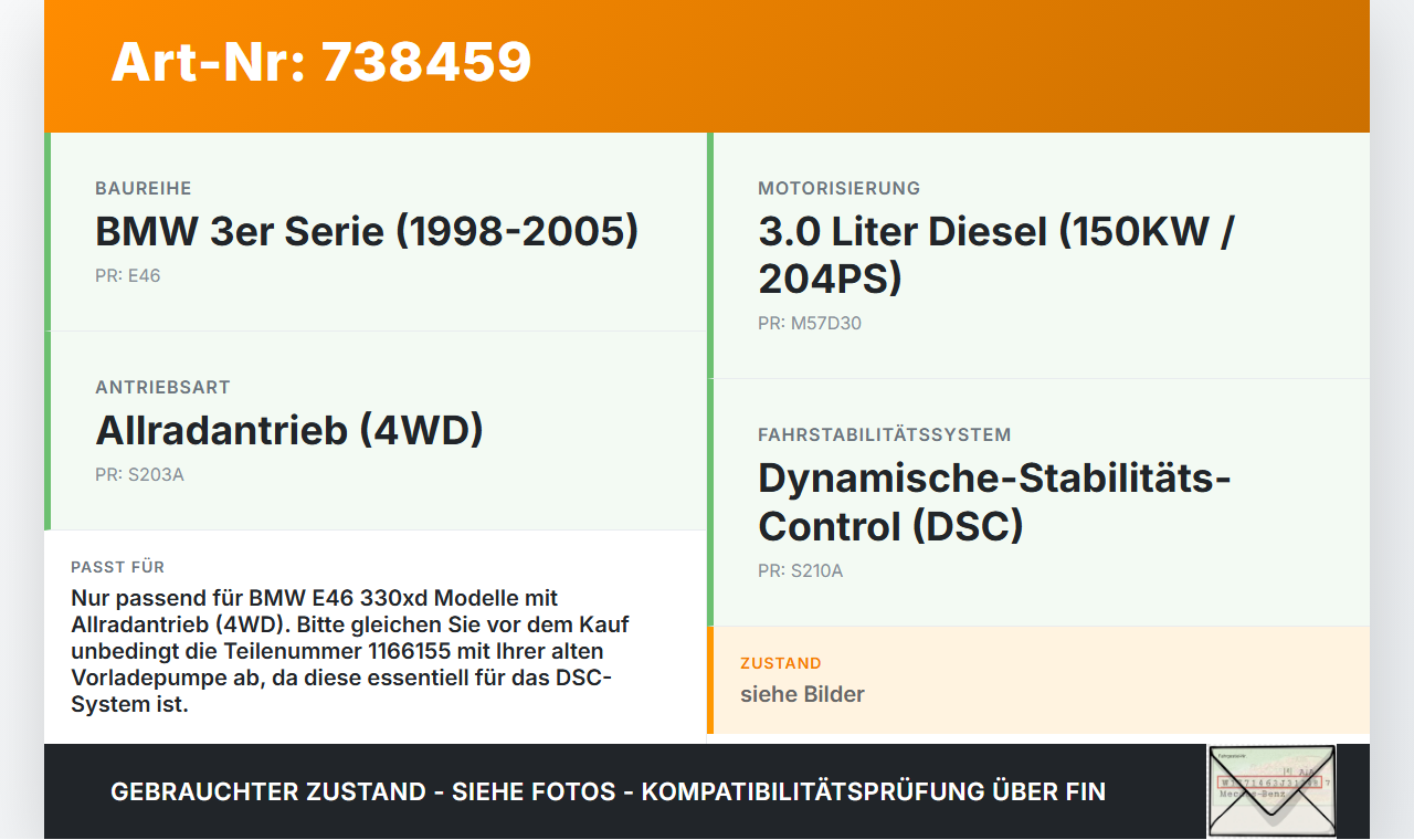 BMW E46 3er 330XD 01-05 3,0d 150KW Hydraulikpumpe Vorladepumpe BMW E46 3er 330XD 01-05 21.10.2003 0130108095 gebraucht Vorschau 3