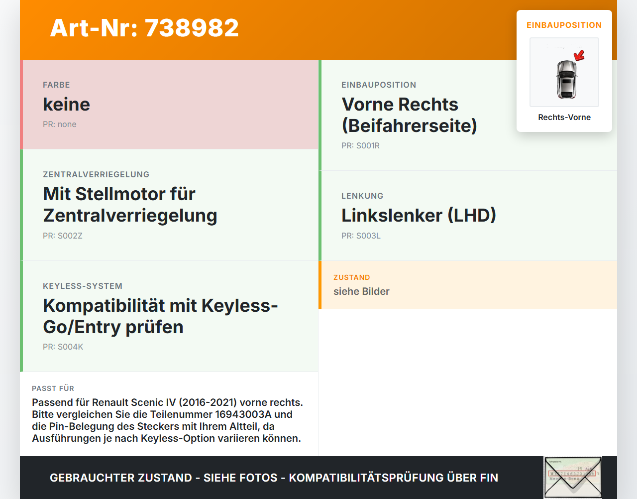 Renault Scenic IV 16-21 Türschloss m. ZV Stellmotor Rechts Vorne Renault Scenic IV 16-21 29.05.2018 805026404R... Vorschau 3