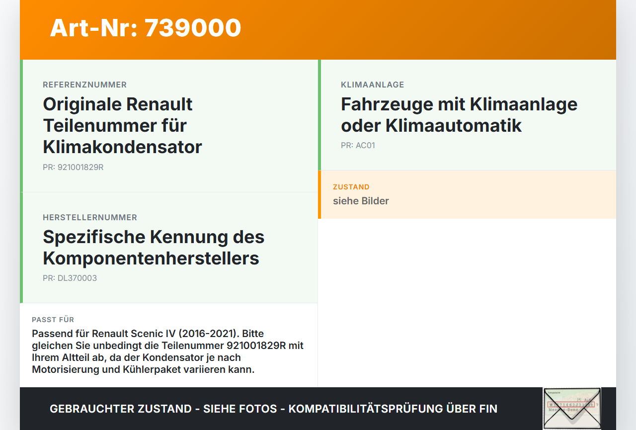 Renault Scenic IV 16-21 Kondensator Klimakühler AC Renault Scenic IV 16-21 29.05.2018 921001829R DL370003 gebraucht Vorschau 3