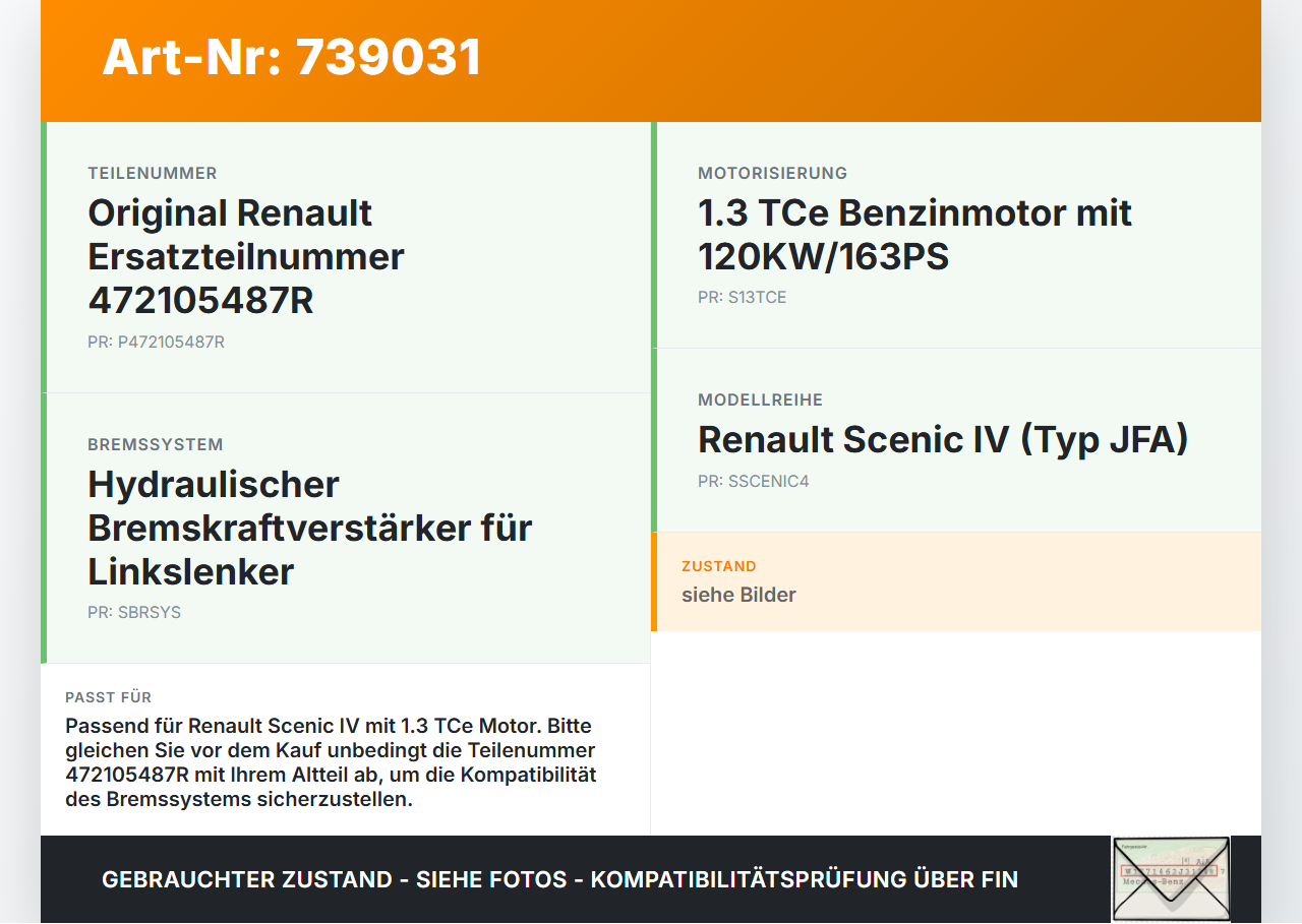 Renault Scenic IV 16-21 Tce 1,3 120KW Bremskraftverstärker Renault Scenic IV 16-21 29.05.2018 472105487R gebraucht Vorschau 3