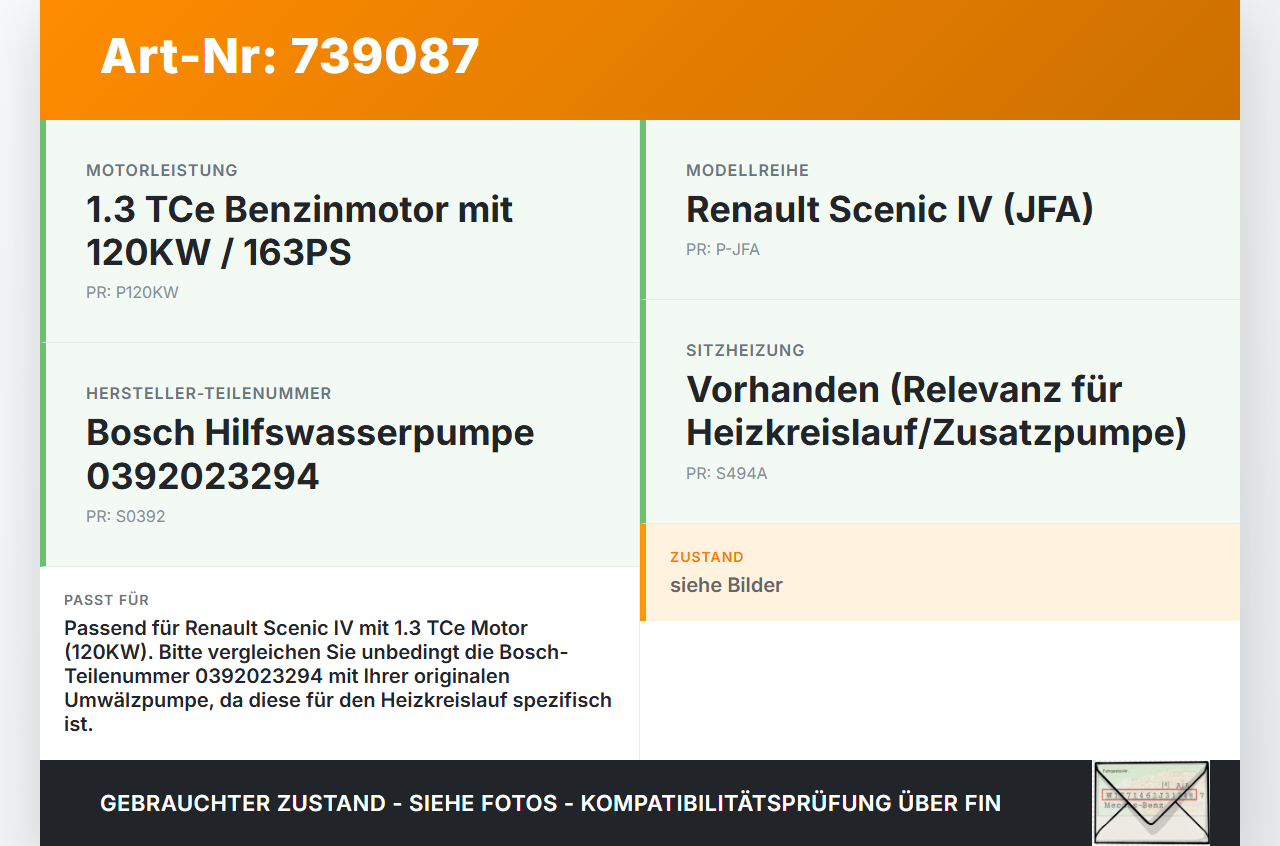 Renault Scenic IV 16-21 Tce 1,3 120KW Umwelzpumpe Heizung Pumpe Renault Scenic IV 16-21 29.05.2018 0392023294... Vorschau 3