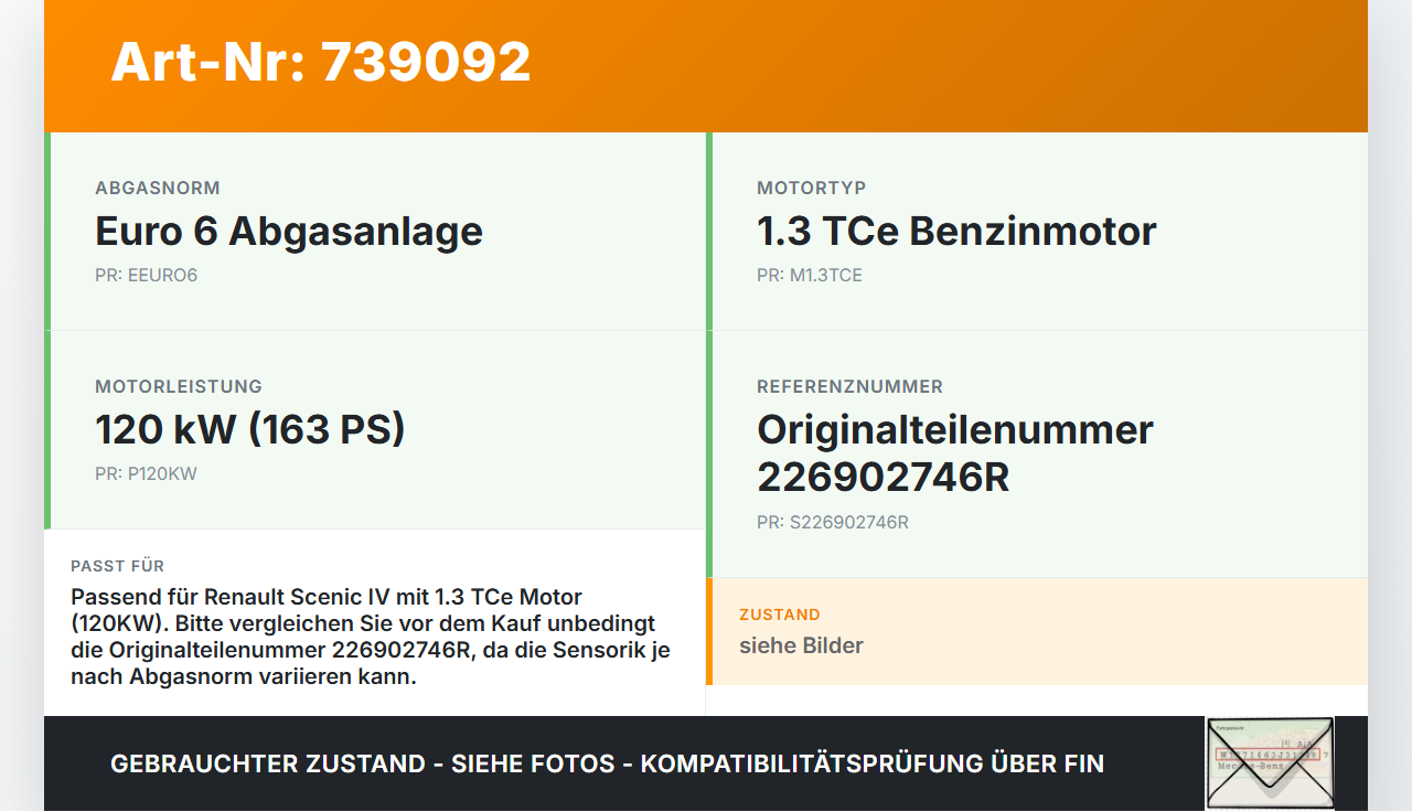 Renault Scenic IV 16-21 Tce 1,3 120KW Lambdasonde Renault Scenic IV 16-21 29.05.2018 226902746R gebraucht Vorschau 3
