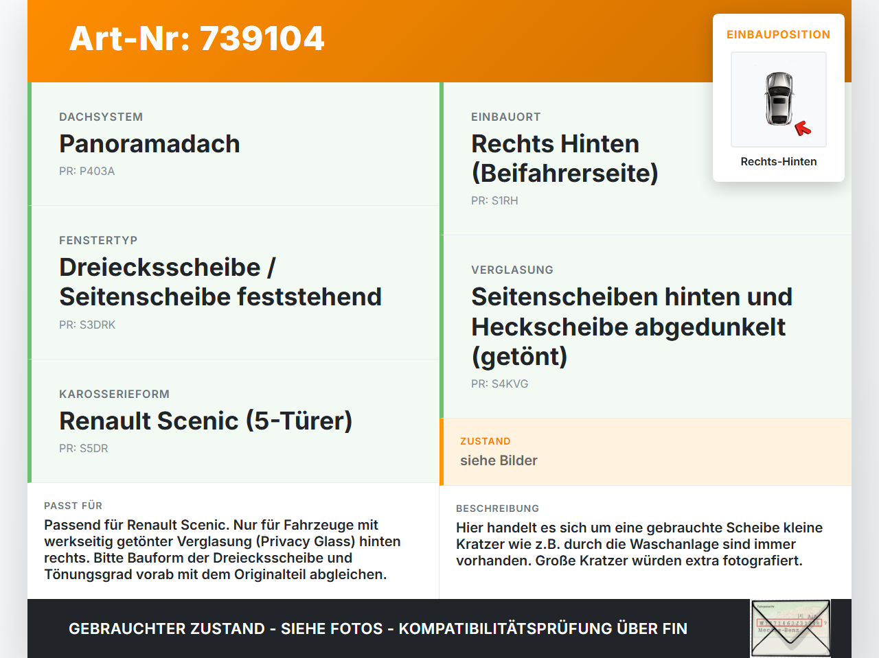 Renault Scenic IV 16-21 RH Dreieck Seitenscheibe Scheibe Rechts Hinten Orig. getönt Renault Scenic IV 16-21... Vorschau 3