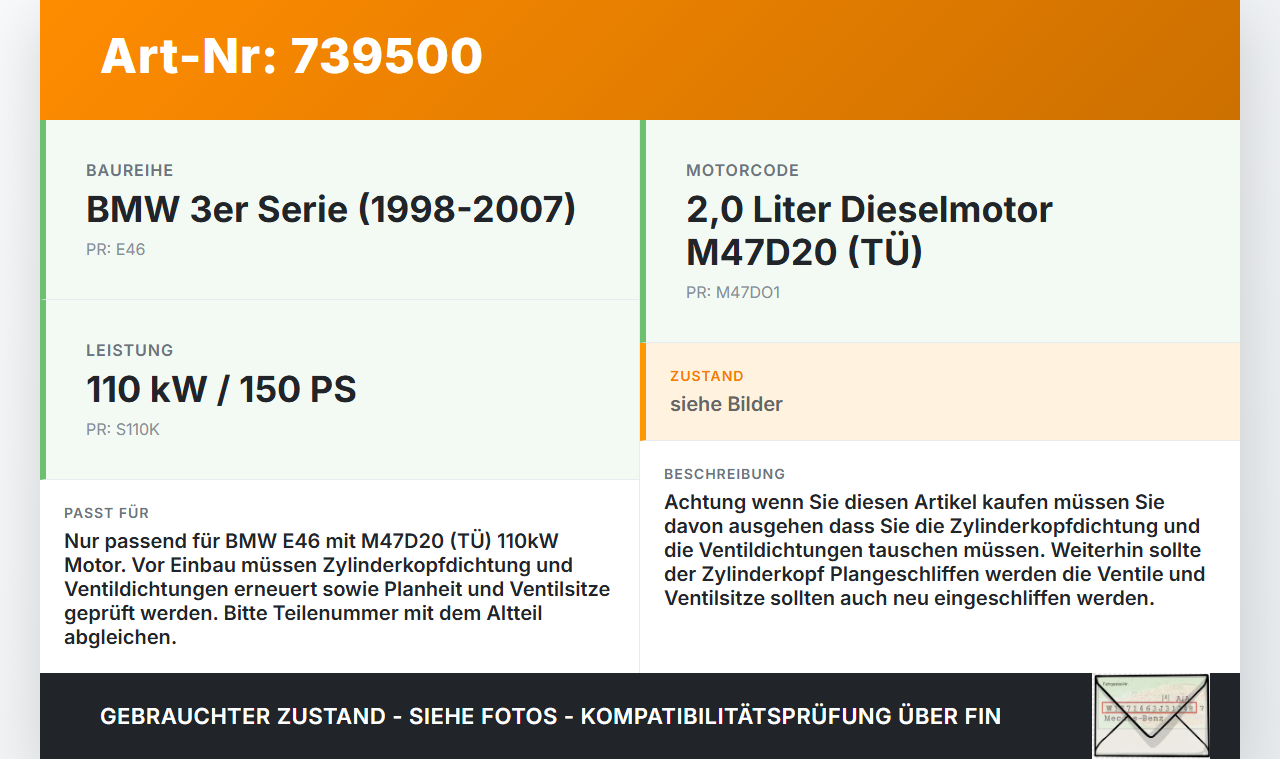 BMW E46 320CD 03-06 2,0d 110KW M47DO1 Zylinderkopf BMW E46 320CD 03-06 15.03.2005 gebraucht Vorschau 3