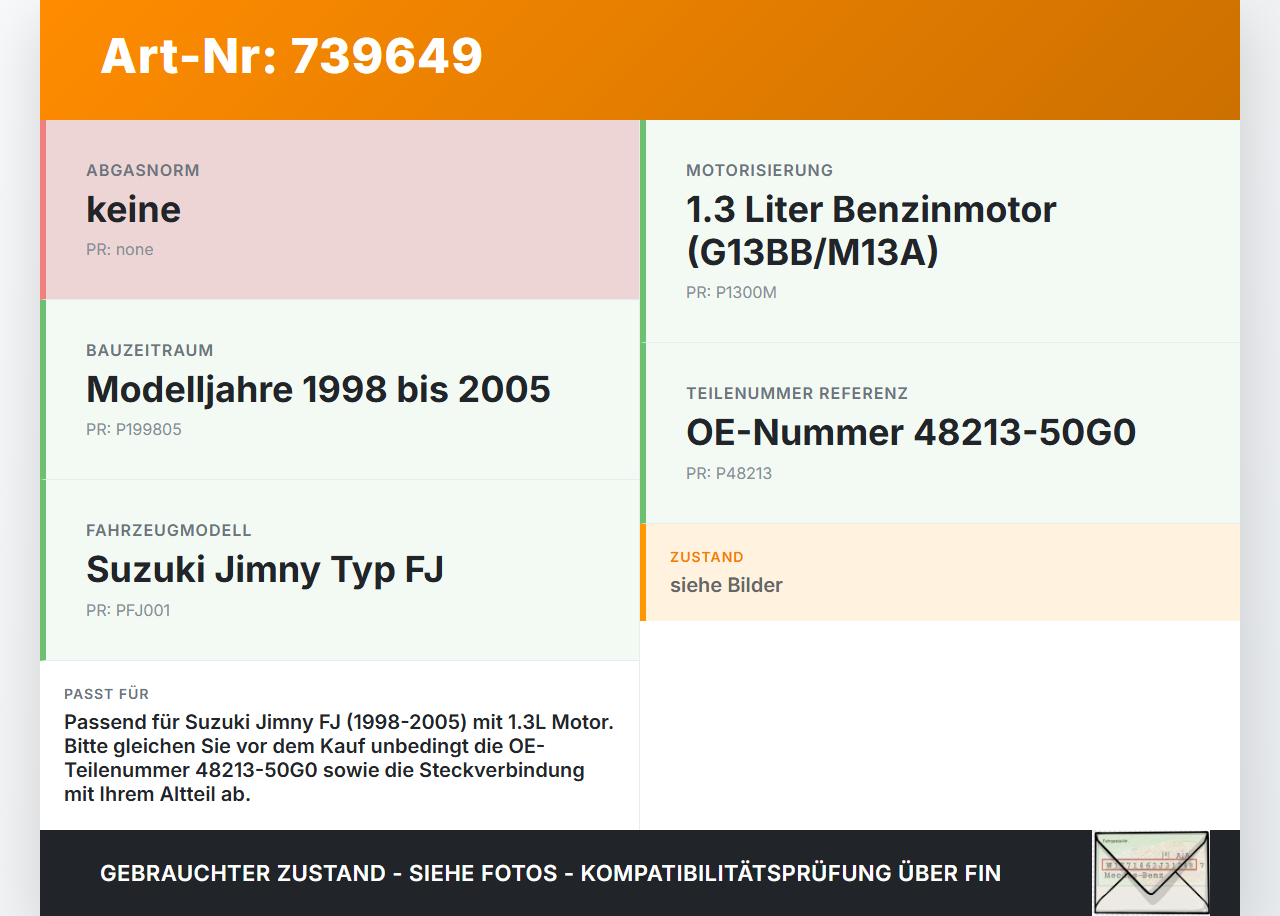 Suzuki Jimny FJ 98-05 1,3 Lambdasonde Suzuki Jimny FJ 98-05 01.02.1999 48213-50G0 gebraucht Vorschau 3