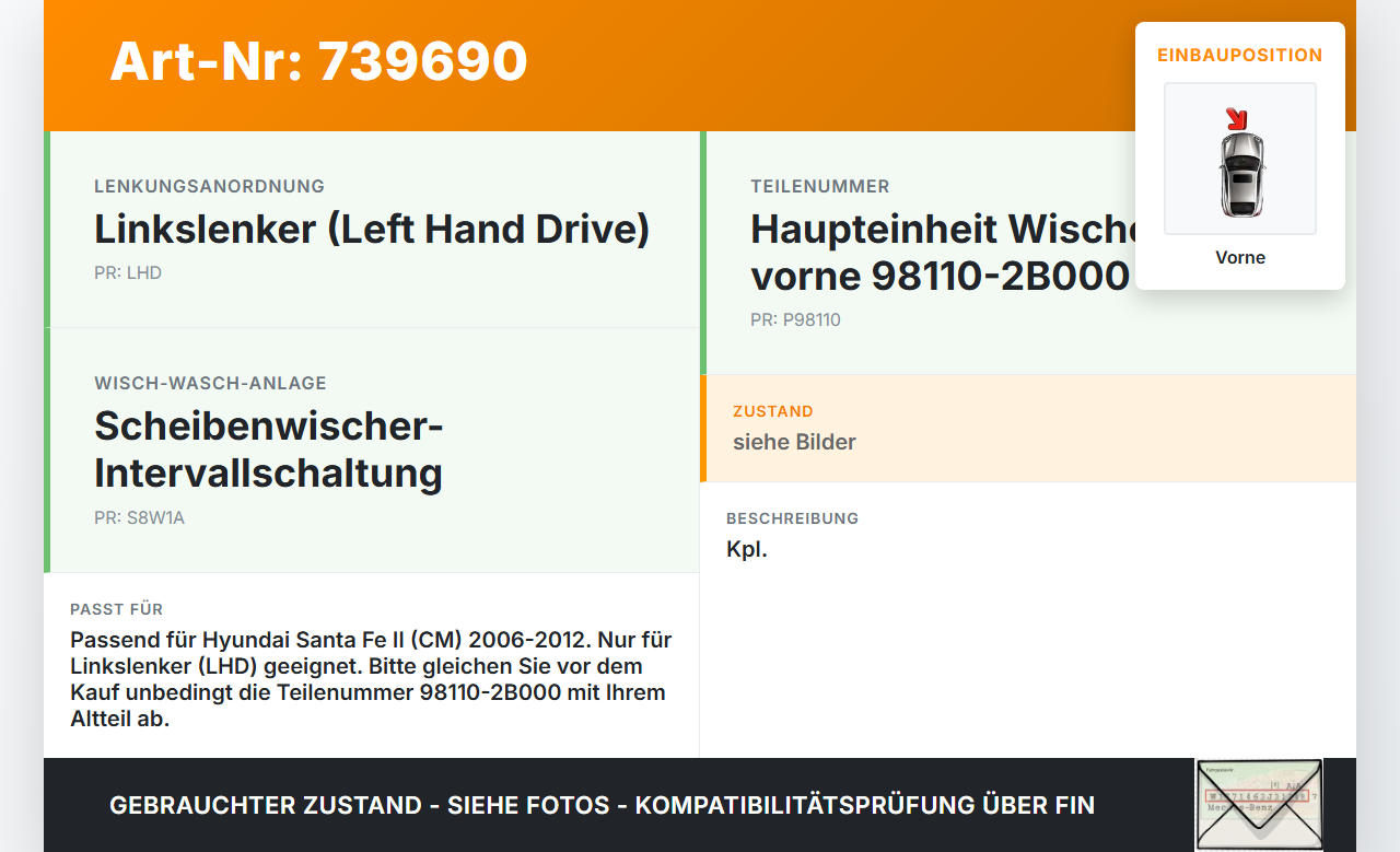 Hyundai Santa Fe II CM 06-12 Wischermotor m. Wischergestänge Vorne Hyundai Santa Fe II CM 06-12 22.02.2006... Vorschau 3