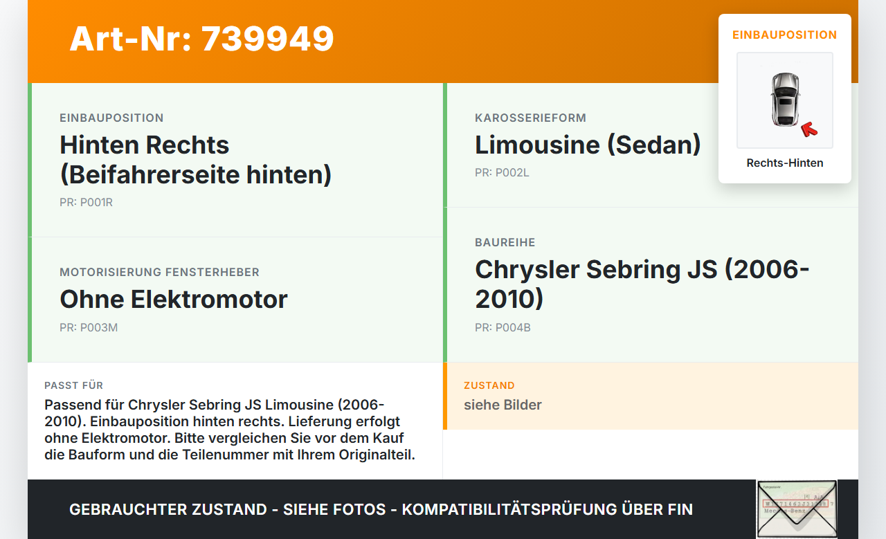 Chrysler Sebring JS 06-10 Lim Fensterheber o. FH-Motor Hinten Rechts Chrysler Sebring JS 06-10 24.10.2007... Vorschau 3