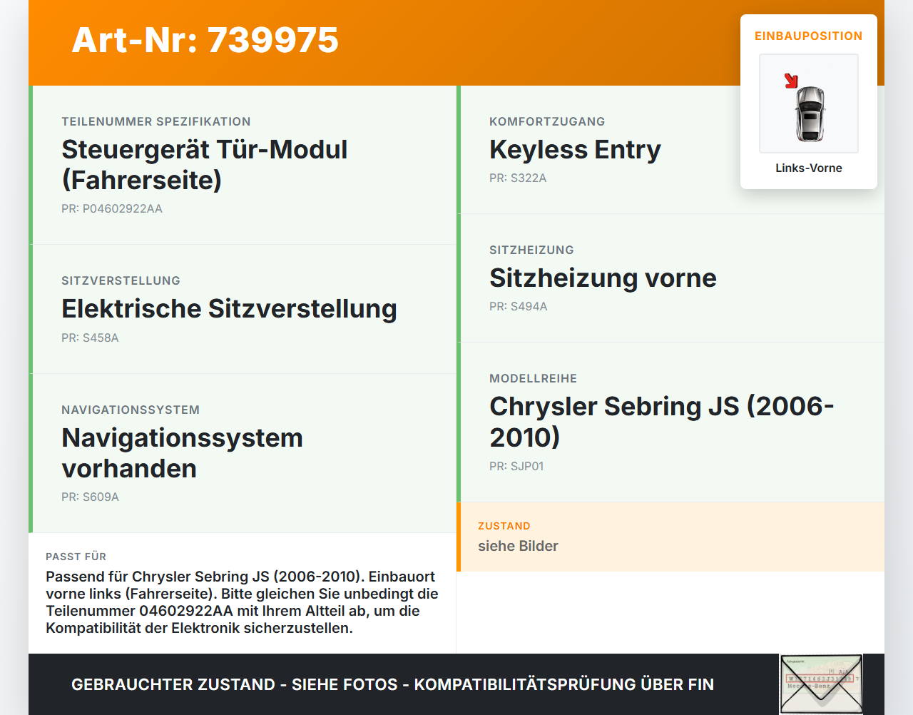 Chrysler Sebring JS 06-10 Steuergerät ECU Modul Links Vorne Chrysler Sebring JS 06-10 24.10.2007 04602922AA... Vorschau 3