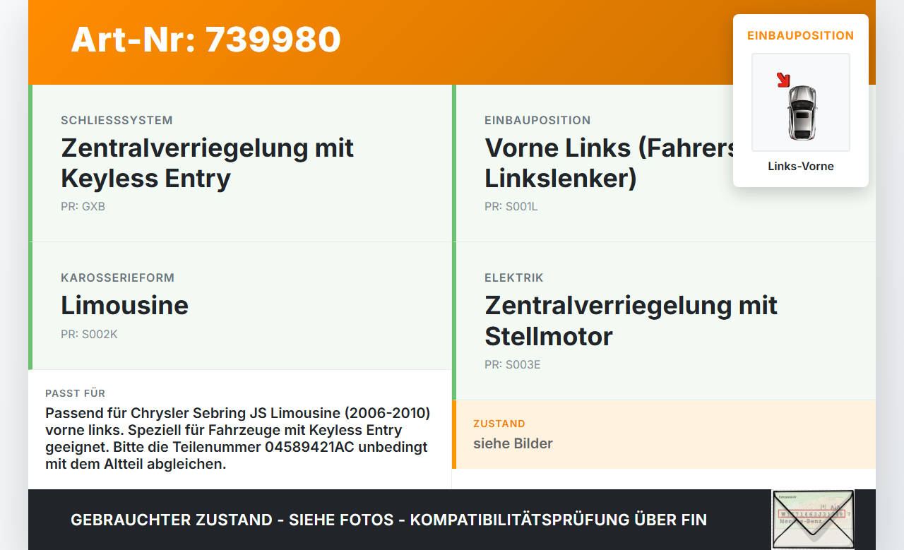 Chrysler Sebring JS 06-10 Lim Türschloss mit ZV Stellmotor Links Vorne Chrysler Sebring JS 06-10 24.10.2007... Vorschau 3