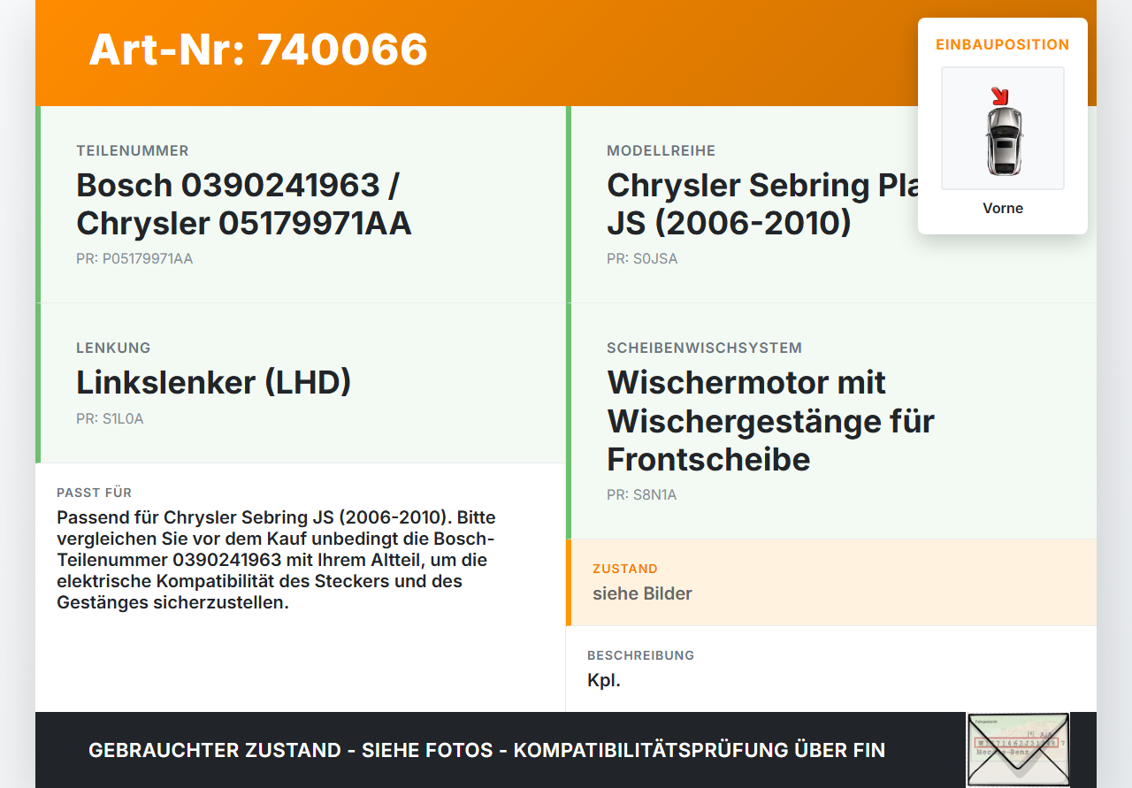 Chrysler Sebring JS 06-10 Wischermotor m. Wischergestänge Vorne Chrysler Sebring JS 06-10 24.10.2007 F00HV01017... Vorschau 3