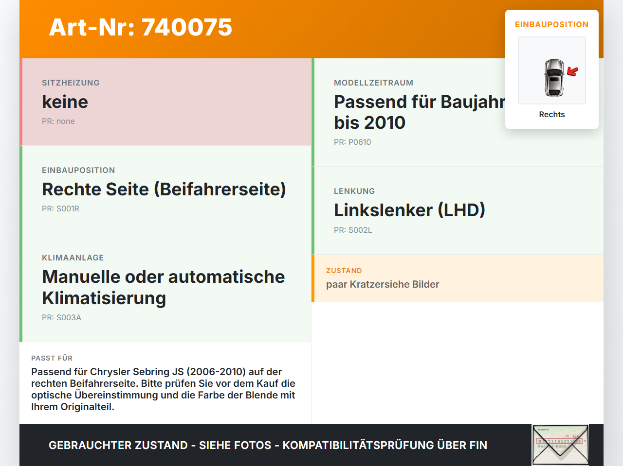 Chrysler Sebring JS 06-10 Luftdusche Luftdüse Rechts Chrysler Sebring JS 06-10 24.10.2007 gebraucht Vorschau 3