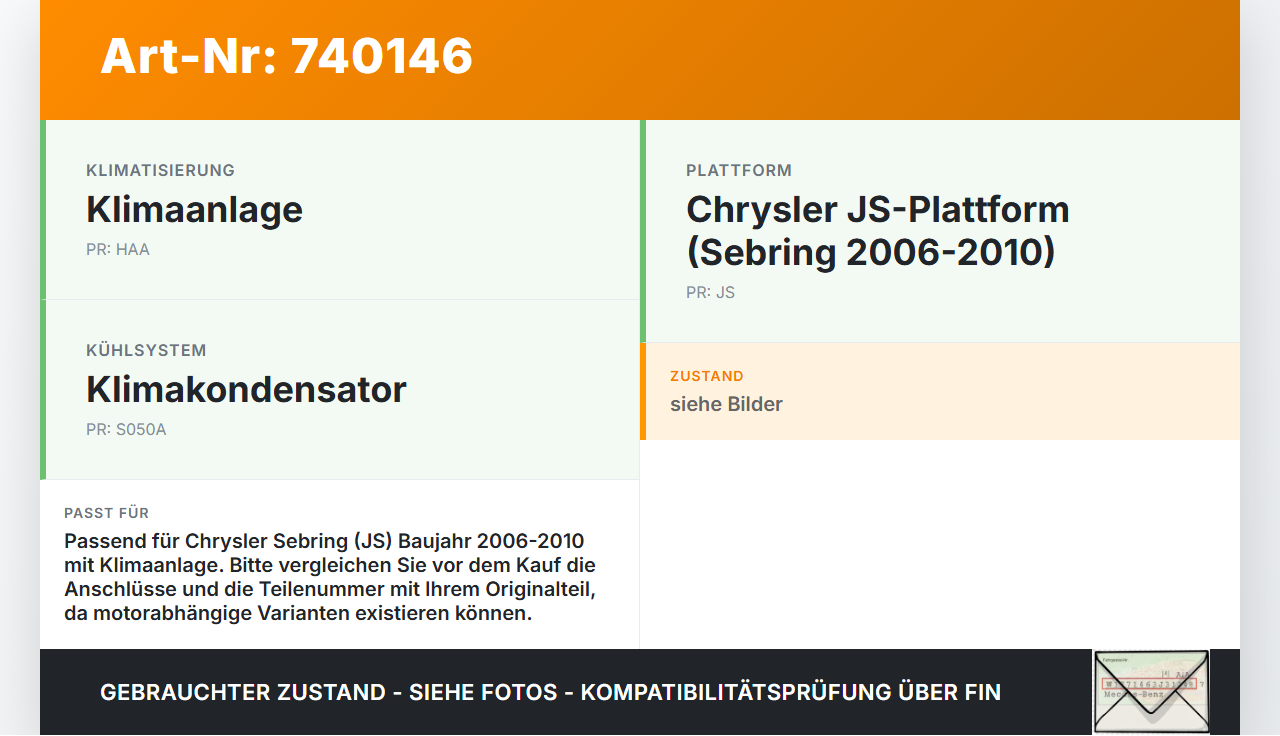Chrysler Sebring JS 06-10 Kondensator Klimakühler AC Chrysler Sebring JS 06-10 24.10.2007 gebraucht Vorschau 3