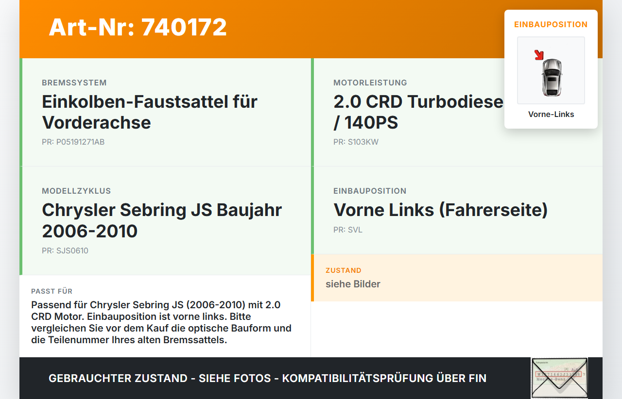 Chrysler Sebring JS 06-10 CRD 2,0 103KW Bremssattel Bremszange Vorne Links Chrysler Sebring JS 06-10 24.10.2007... Vorschau 3