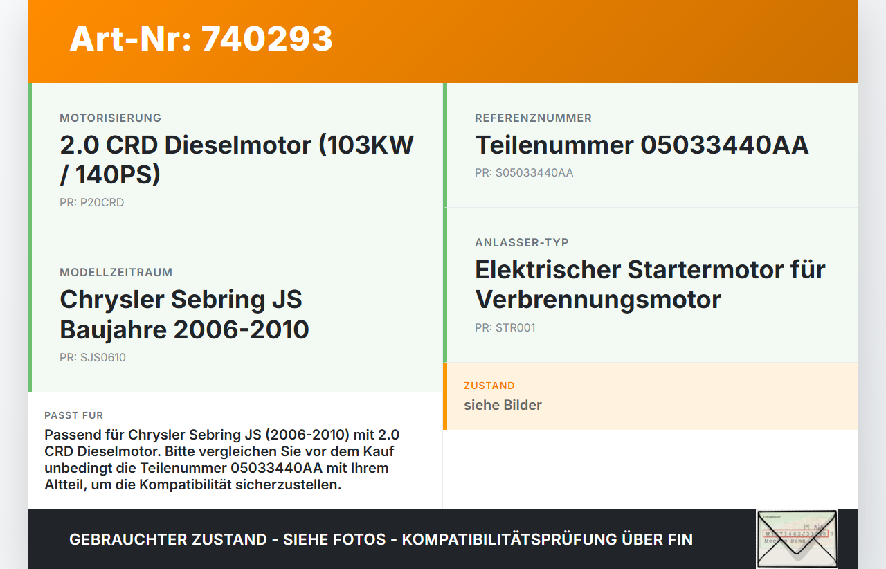 Chrysler Sebring JS 06-10 CRD 2,0 103KW Anlasser Starter Chrysler Sebring JS 06-10 24.10.2007 M001T93171ZC... Vorschau 3