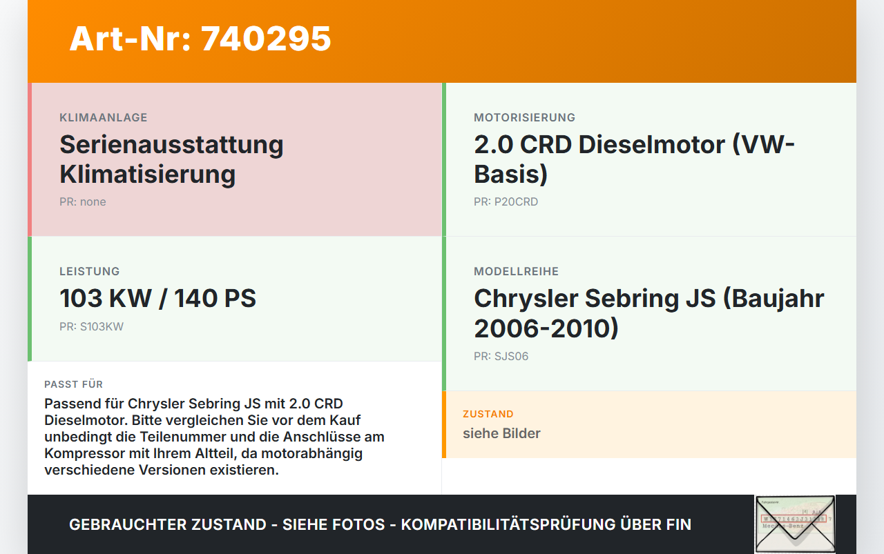 Chrysler Sebring JS 06-10 CRD 2,0 103KW Klimakompressor Klima Kompressor Chrysler Sebring JS 06-10 24.10.2007... Vorschau 3