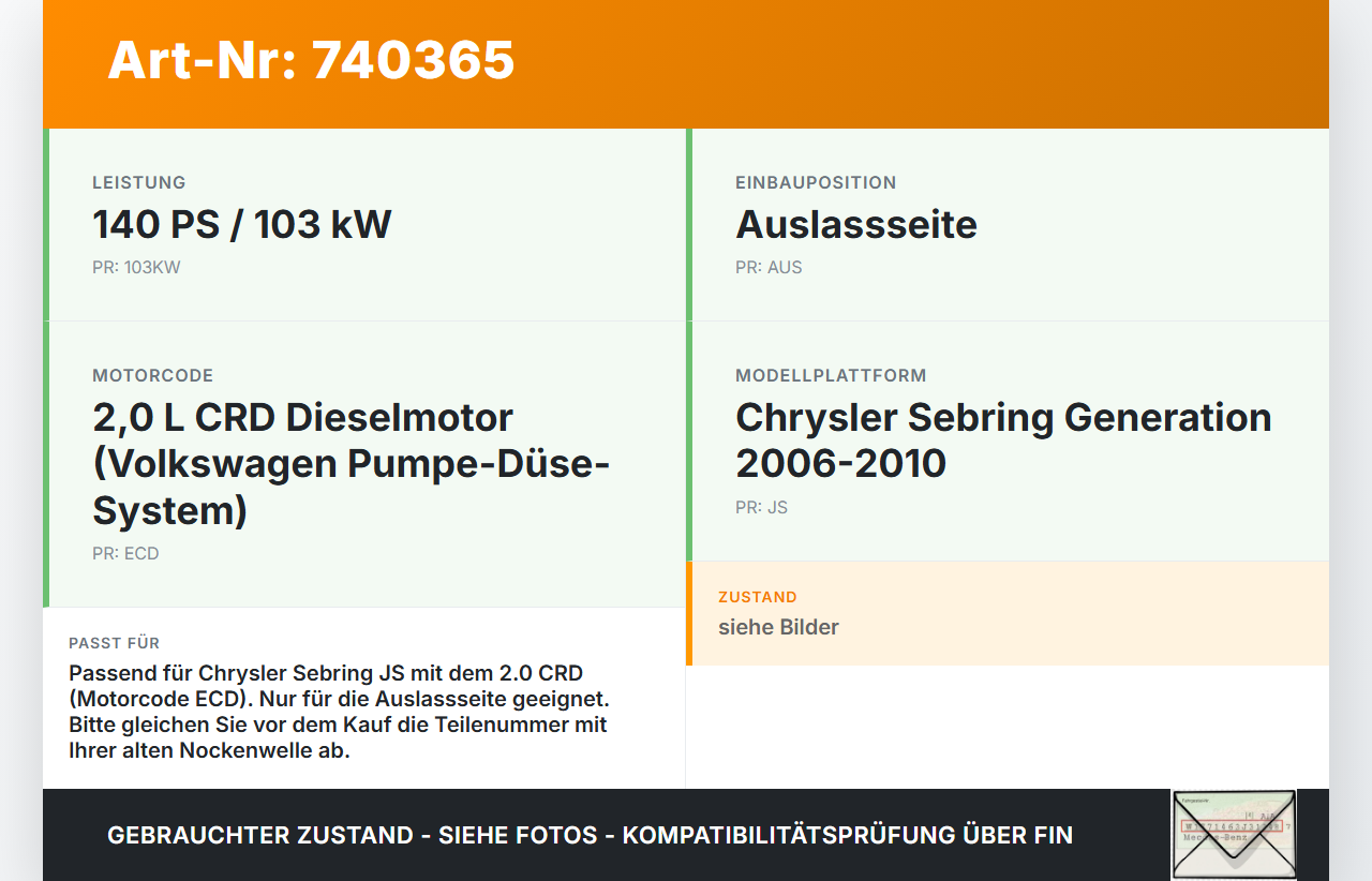 Chrysler Sebring JS 06-10 CRD 2,0 103KW ECD Nockenwelle Auslass Chrysler Sebring JS 06-10 24.10.2007 gebraucht Vorschau 3