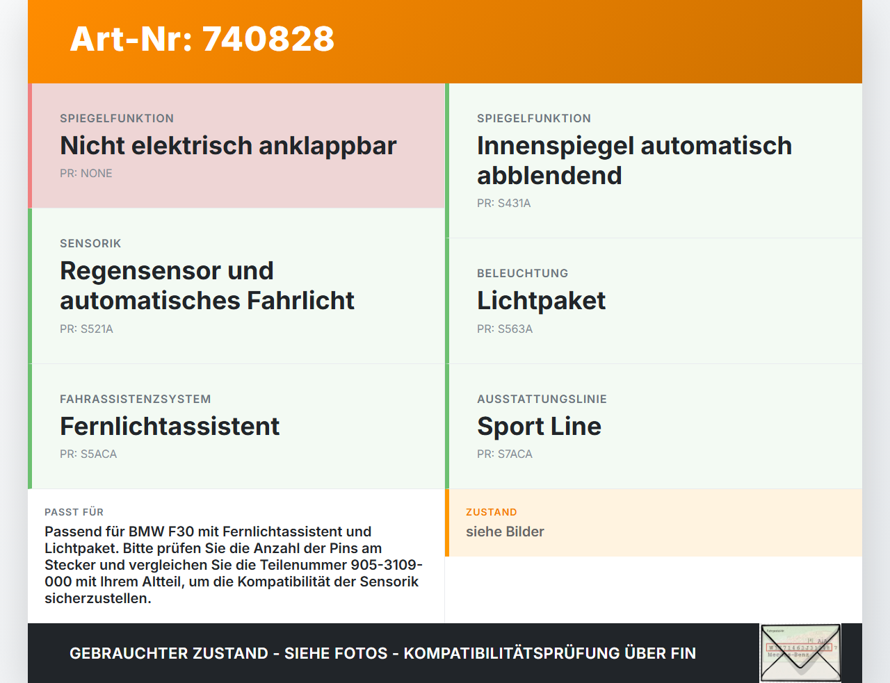 BMW F30 3er 320d 12-15 Innenspiegel Rückspiegel Spiegel Innen BMW F30 3er 320d 12-15 10.02.2012 905-3109-000 9256... Vorschau 3