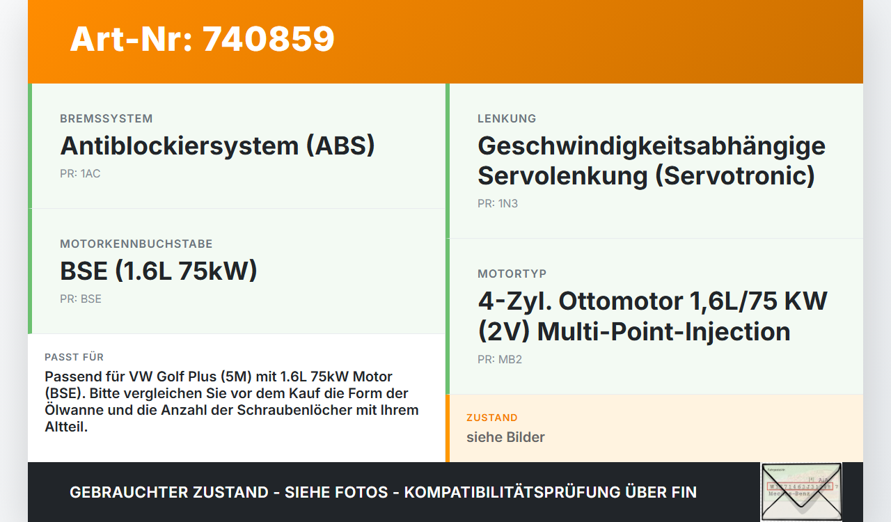 VW Golf 5M Plus 04-08 1,6 75KW BSE Ölwanne Motorwanne VW Golf 5M Plus 04-08 27.09.2006 gebraucht Vorschau 3