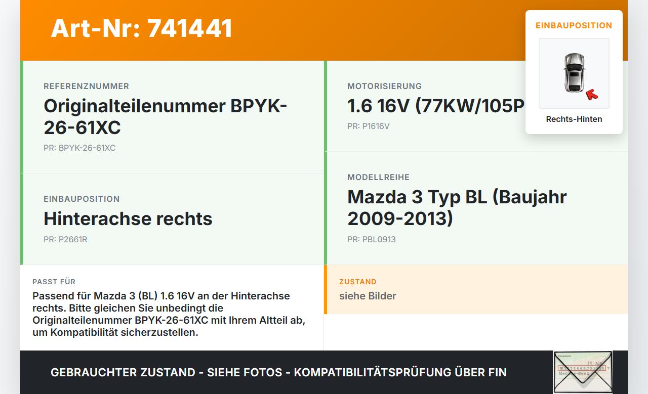 Mazda 3 BL 09-13 1,6 16V 77KW Bremssattel Bremszange Hinten Rechts Mazda 3 BL 09-13 26.09.2011 BPYK-26-61XC gebraucht Vorschau 3