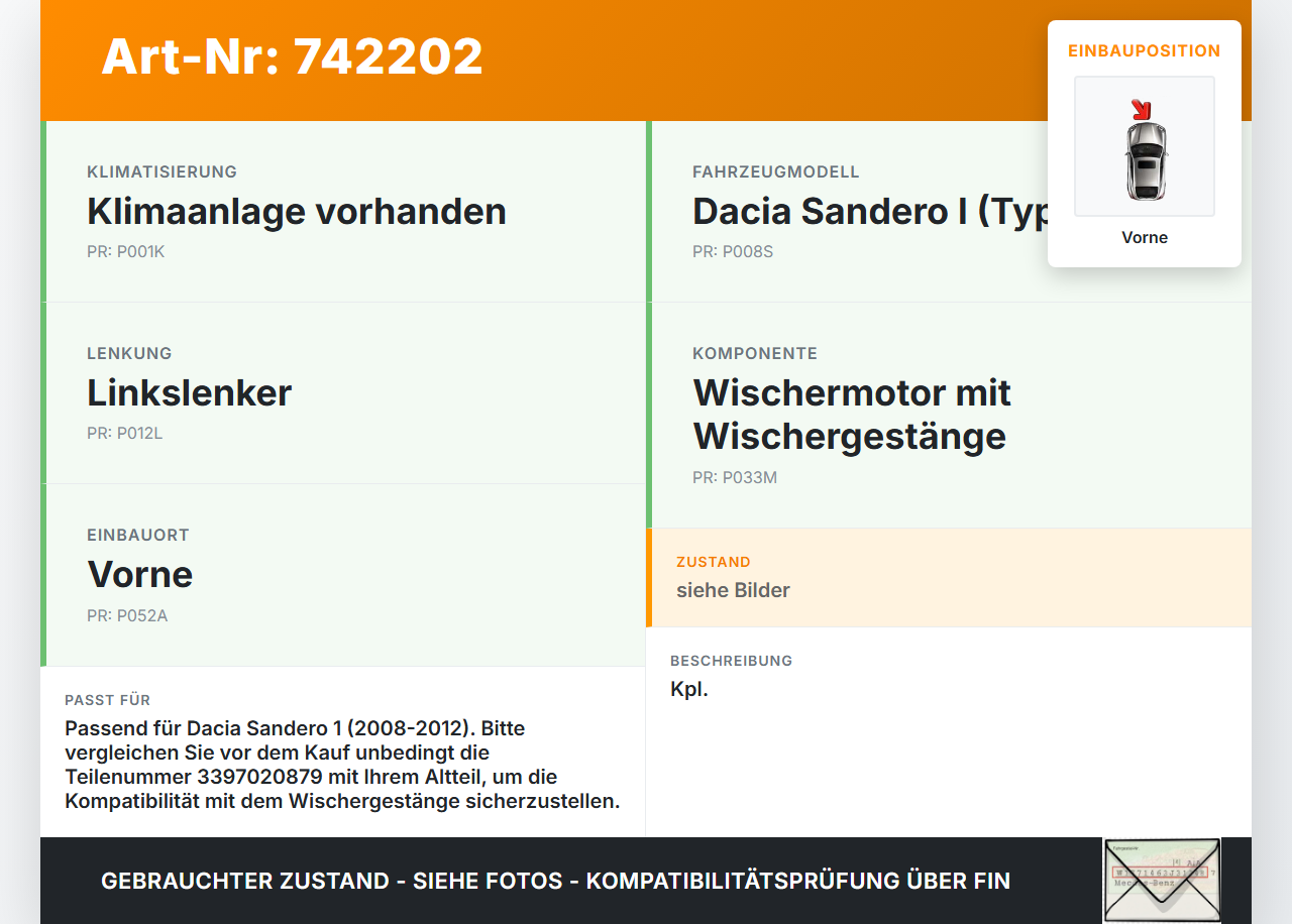 Dacia Sandero 1 BS 08-12 Wischermotor m. Wischergestänge Vorne Dacia Sandero 1 BS 08-12 15.12.2010 8200619512... Vorschau 3
