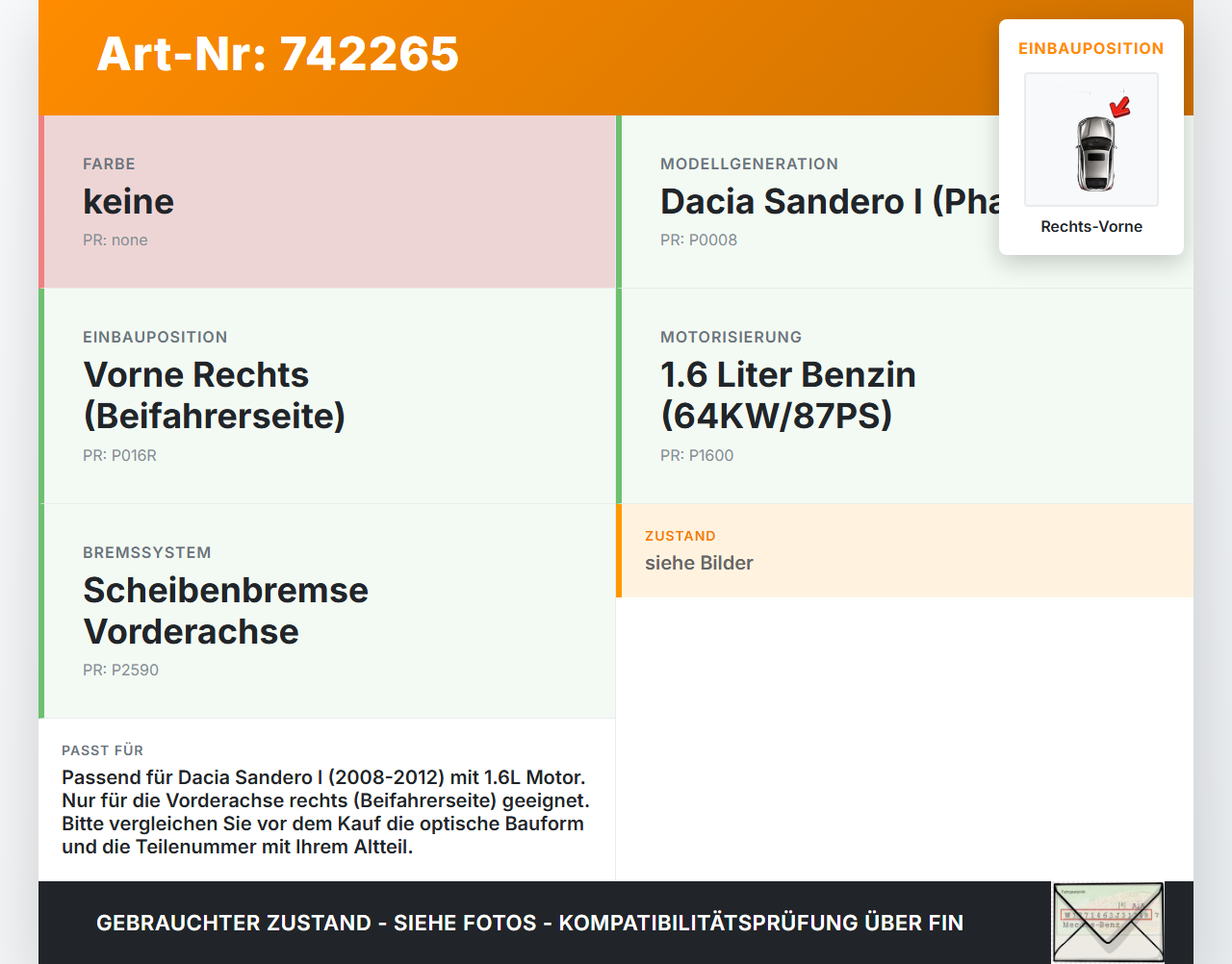 Dacia Sandero 1 BS 08-12 1,6 64KW Bremssattel Bremszange Vorne Rechts Dacia Sandero 1 BS 08-12 15.12.2010 gebraucht Vorschau 3