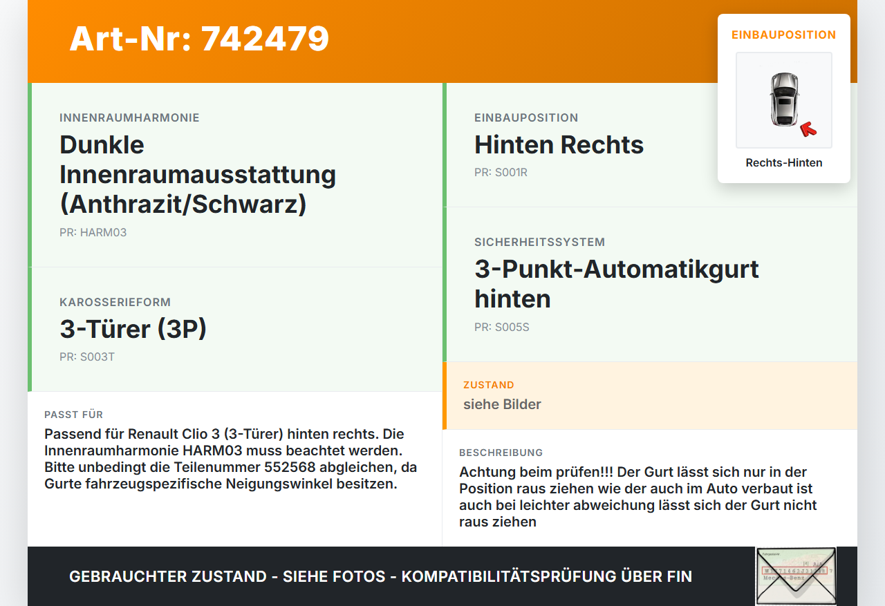 Renault Clio 3 III 3P 05-09 3T Gurt Sicherheitsgurt Rechts Hinten Renault Clio 3 III 3P 05-09 11.01.2006 34006768... Vorschau 3